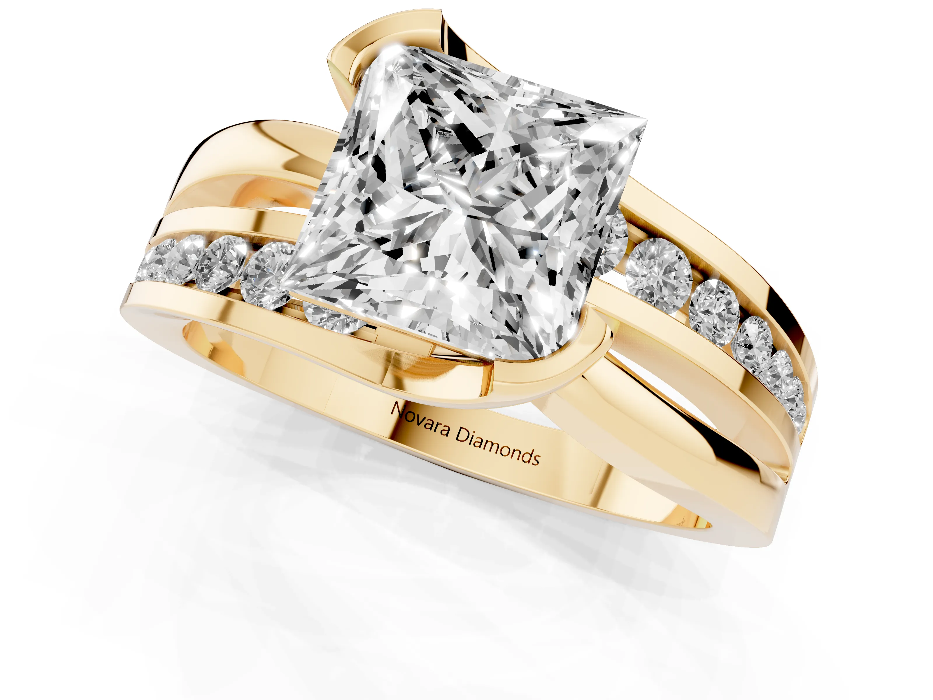 Princess Cut Diamond Solitaire Ring Set in Yellow gold with Channel Set Split Shank and Tension Prongs
