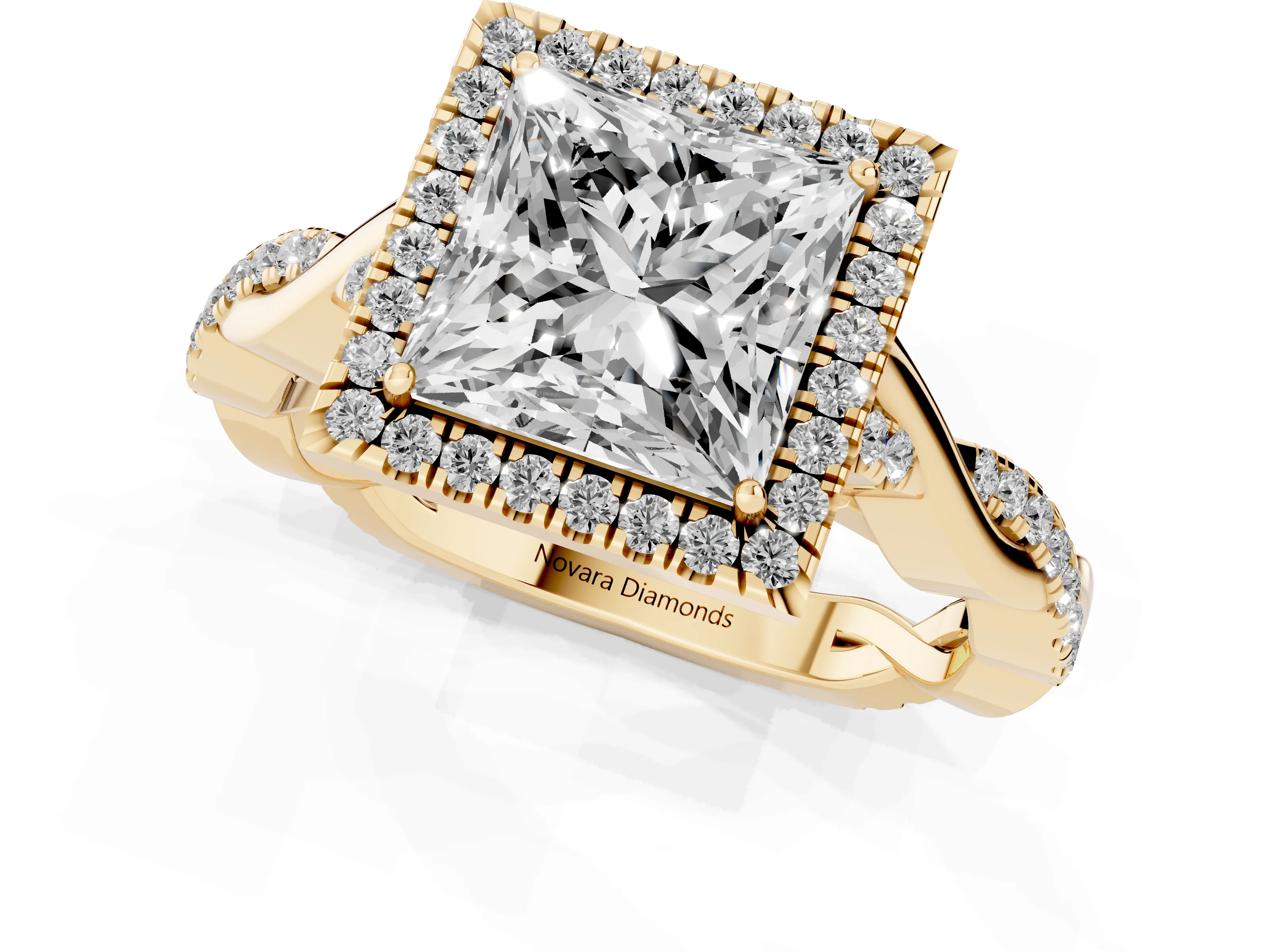 Princess Cut Diamond Halo Twist Band Solitaire Ring Set in Yellow gold with Prong Setting