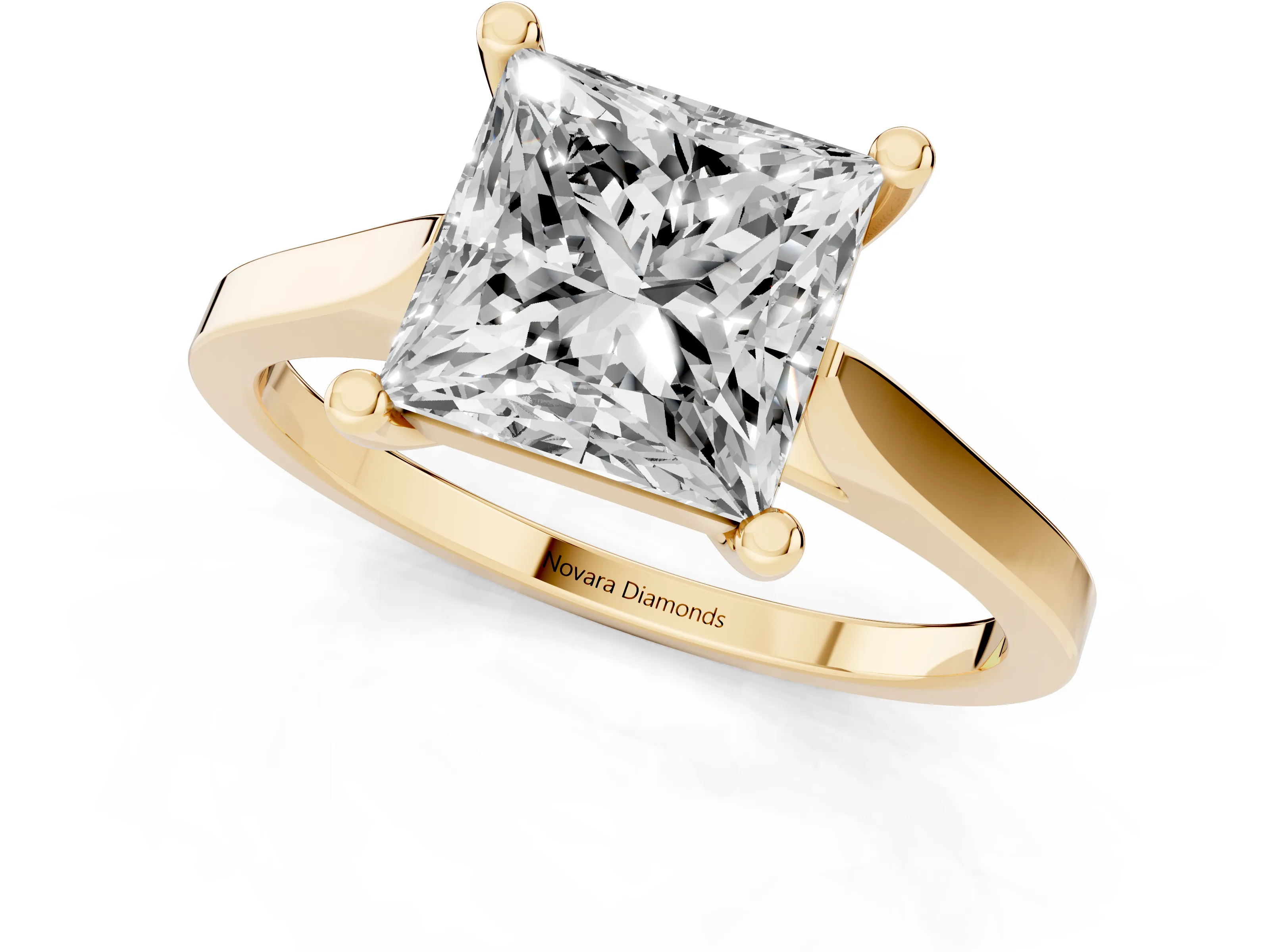 Princess Cut Diamond Solitaire Ring Set in Yellow gold with Prong Setting and Tapered Band