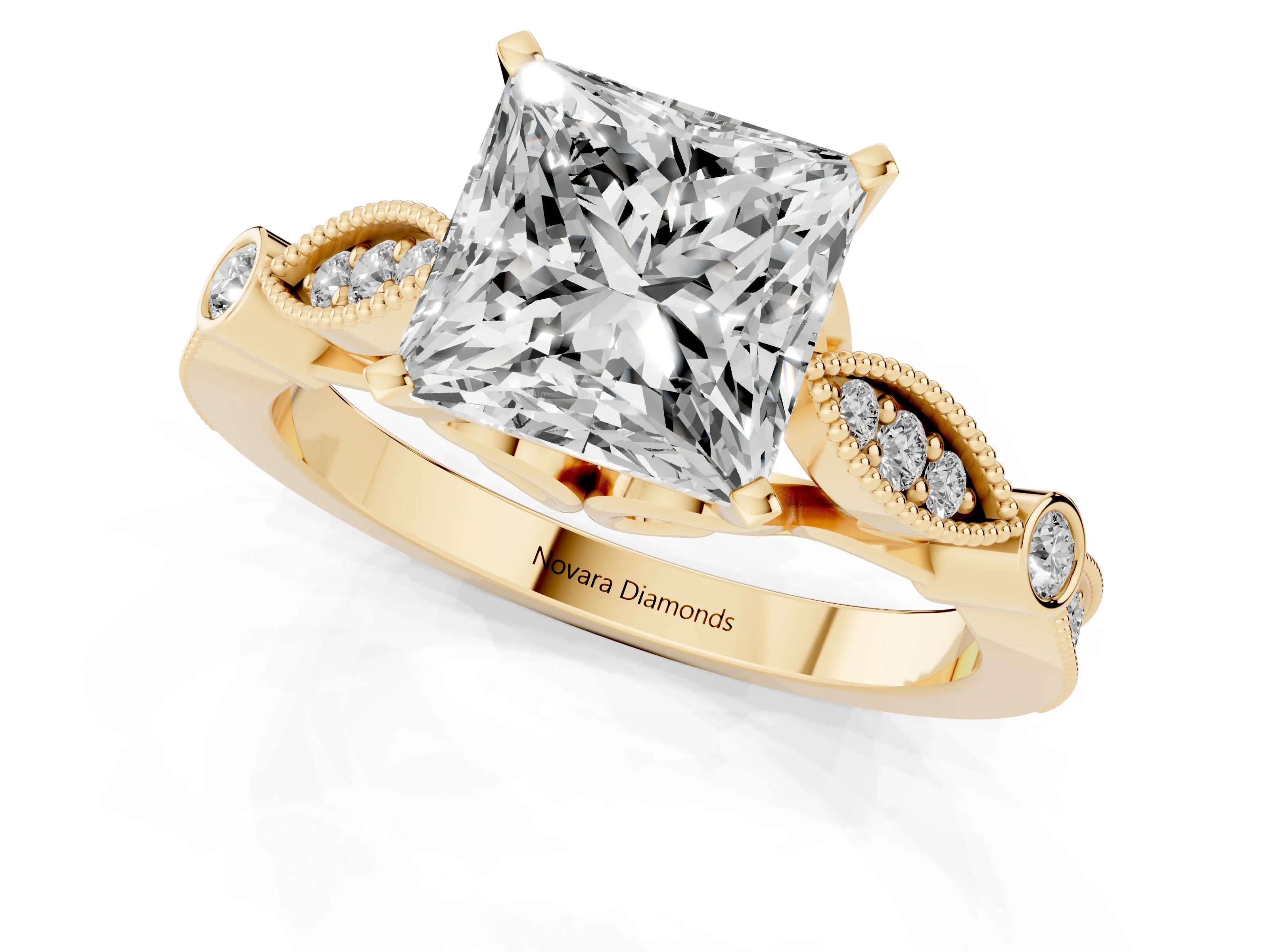Princess Cut Diamond Solitaire Ring Set in Yellow gold with Milgrain Marquise and Bezel Accents