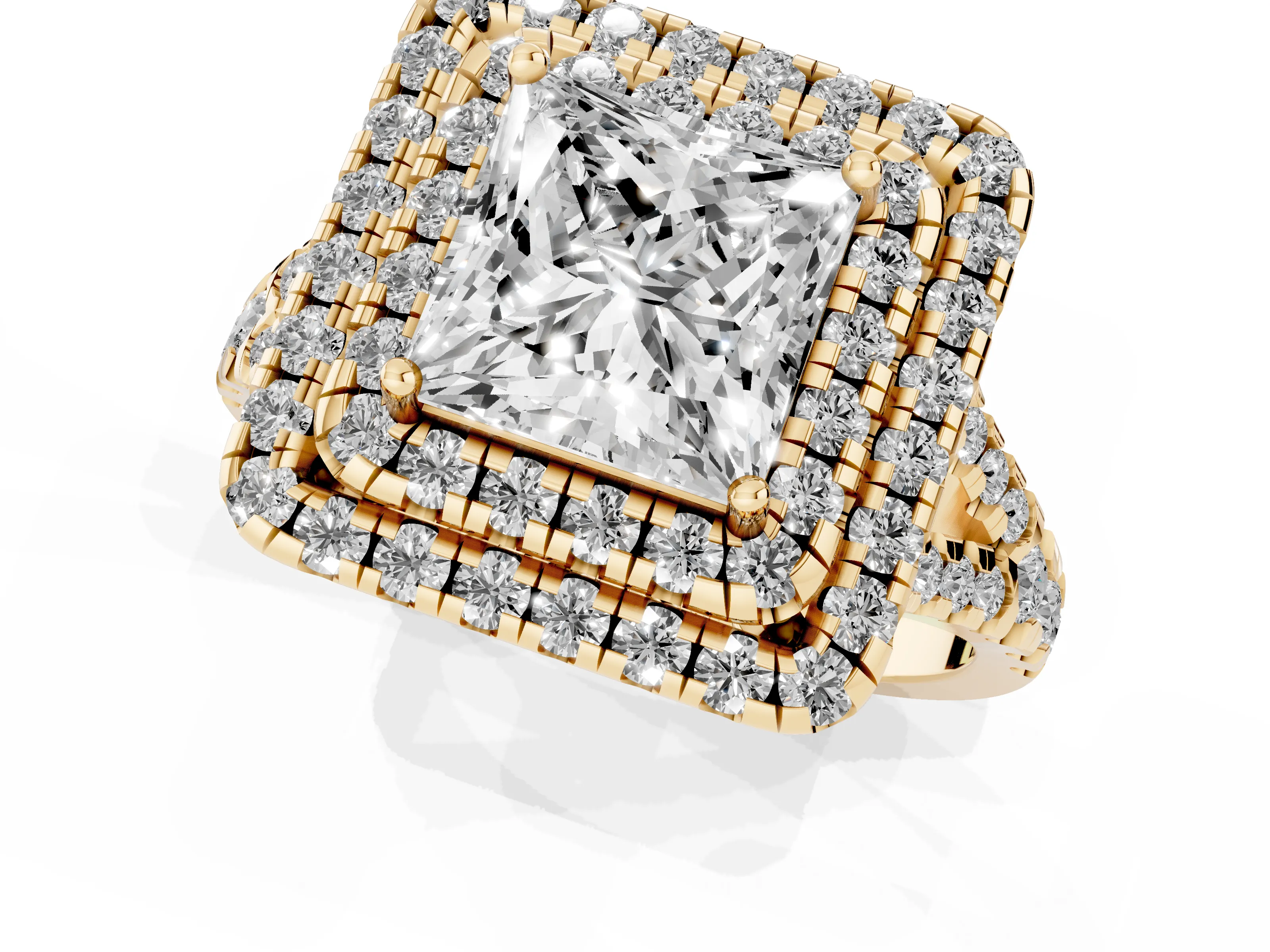 Princess Cut Diamond Double Halo Ring Set in Yellow gold with Pavé Split Shank and Prong Setting