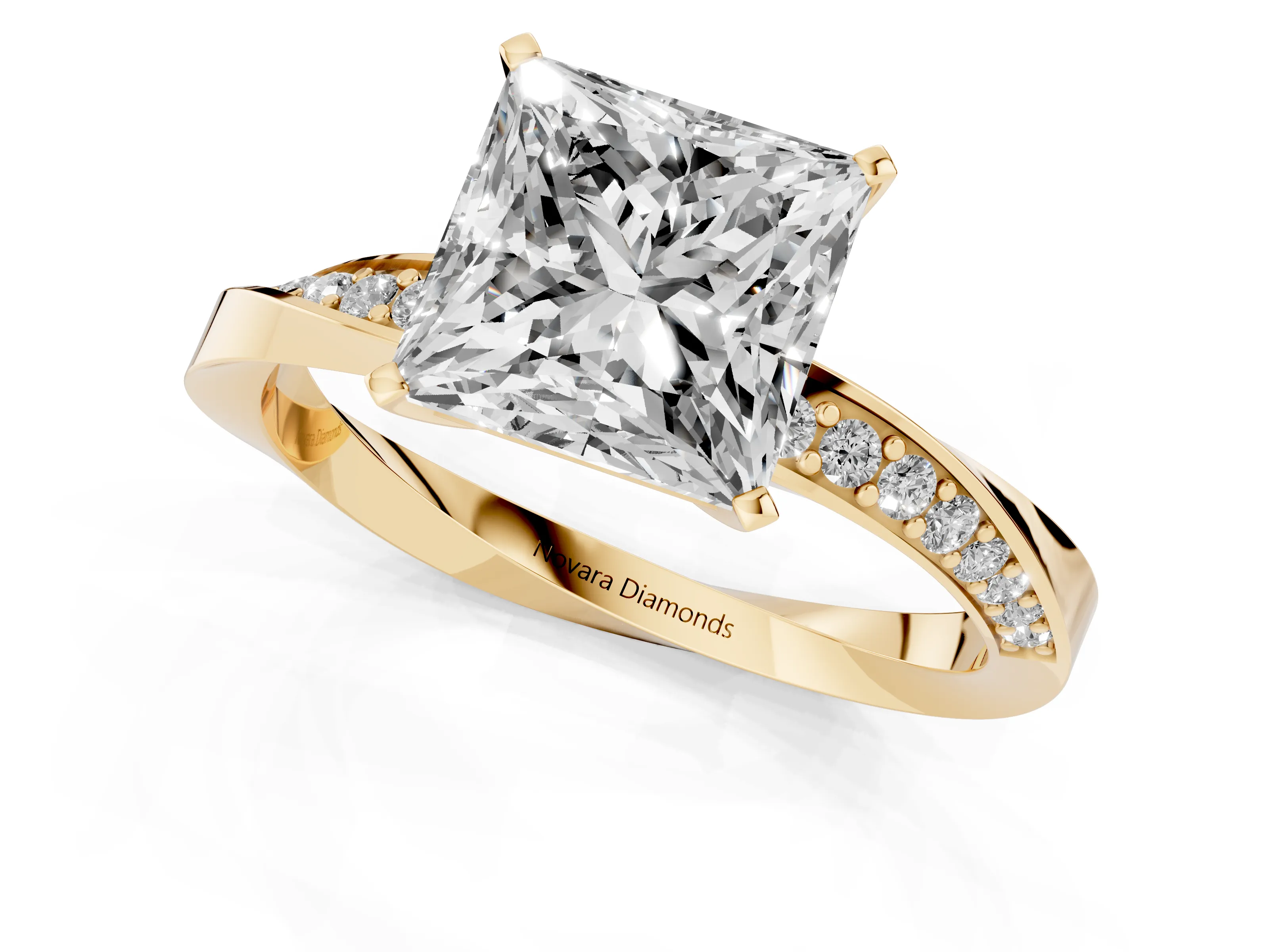Princess Cut Diamond Engagement Ring Set in Yellow gold with Side Stone Accents and Prong Setting