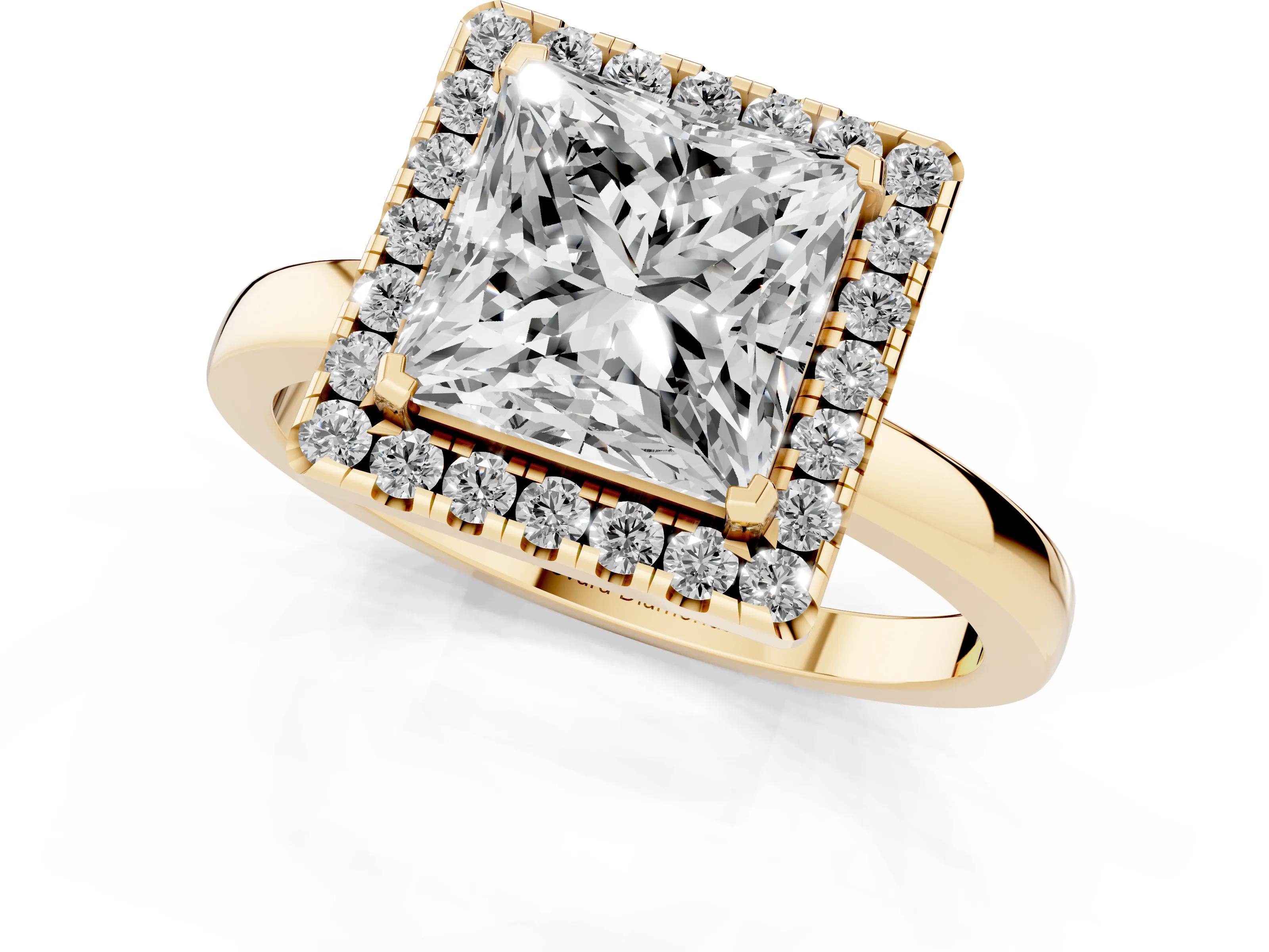 Princess Cut Diamond Halo Solitaire Ring Set in Yellow gold with Pavé Band and Prong Setting