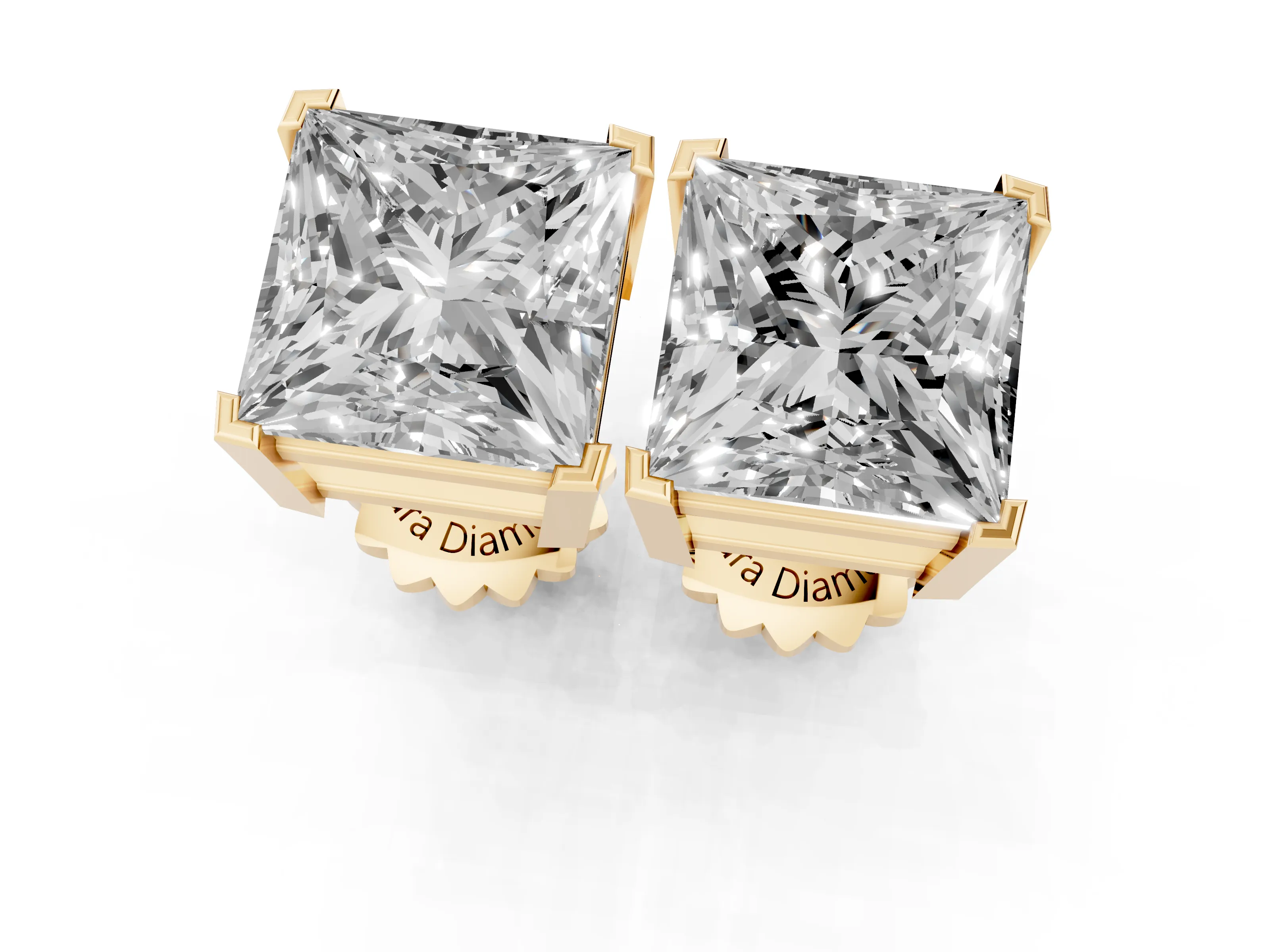 Princess Cut Diamond Solitaire Stud Earrings Set in Yellow gold with Basket Setting – second view