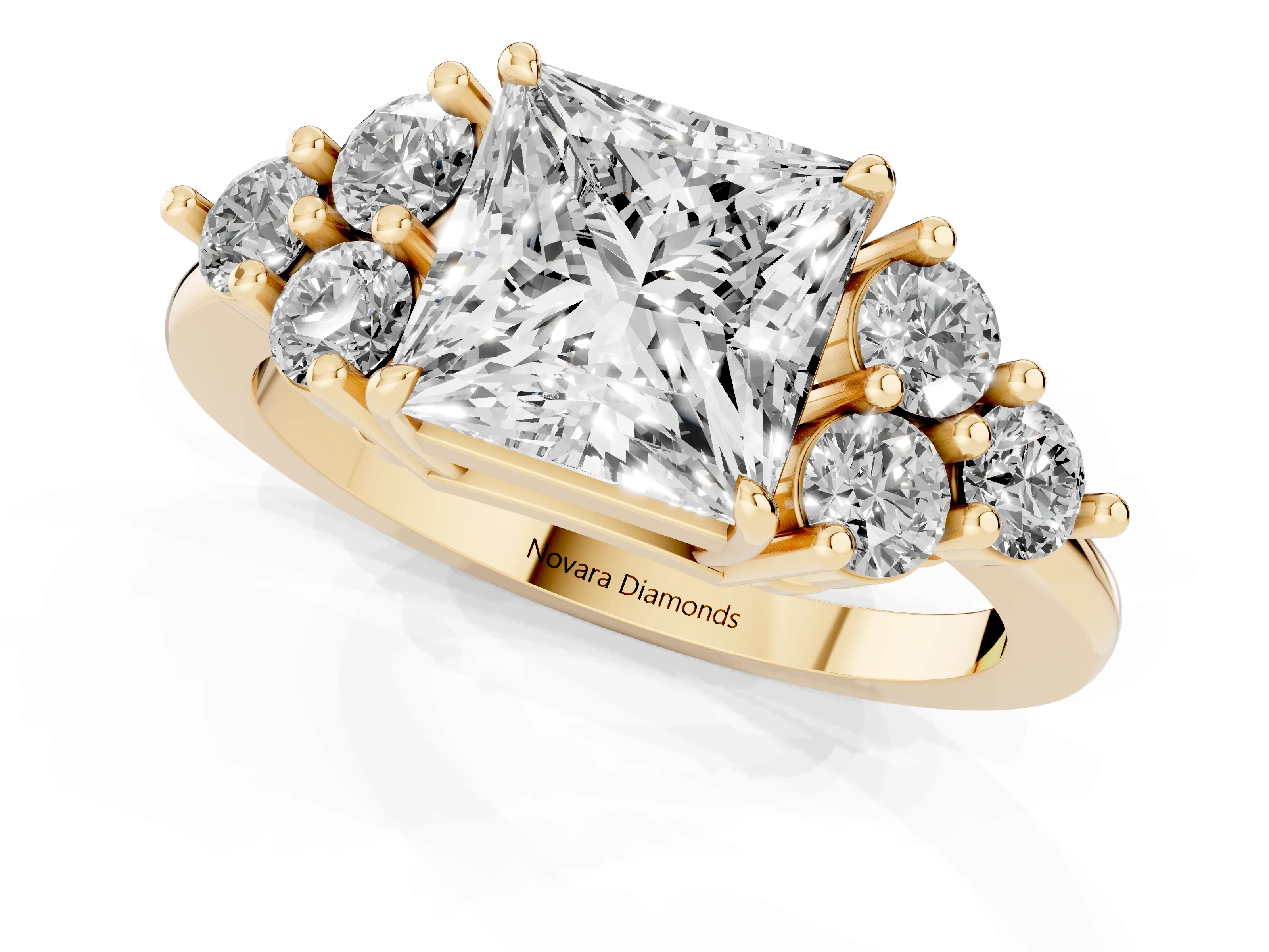 Princess Cut Diamond Solitaire Ring Set in Yellow gold with Cluster Accents on Each Side