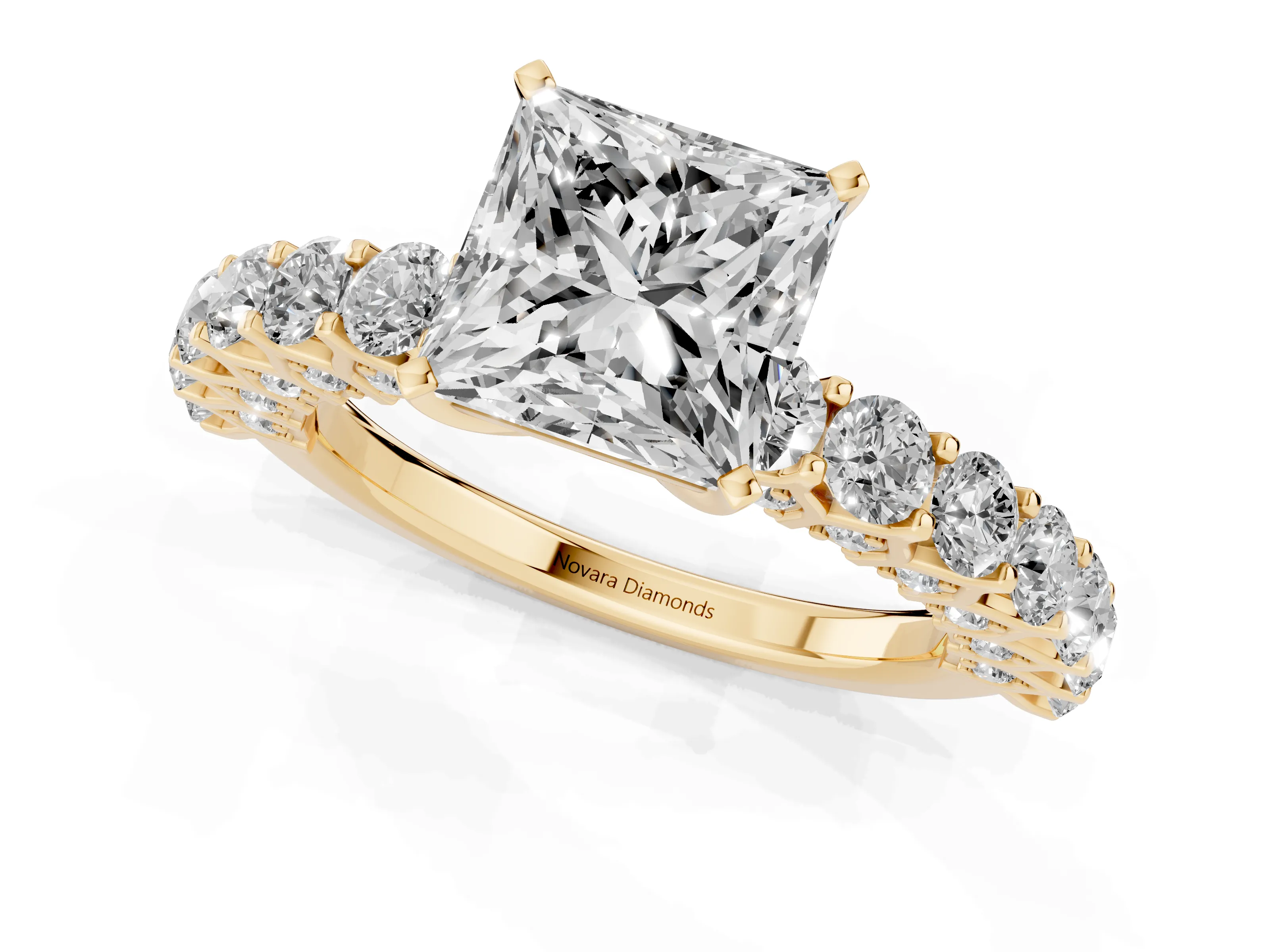 Princess Cut Diamond Solitaire Ring Set in Yellow gold with Shared Prong Pavé Band