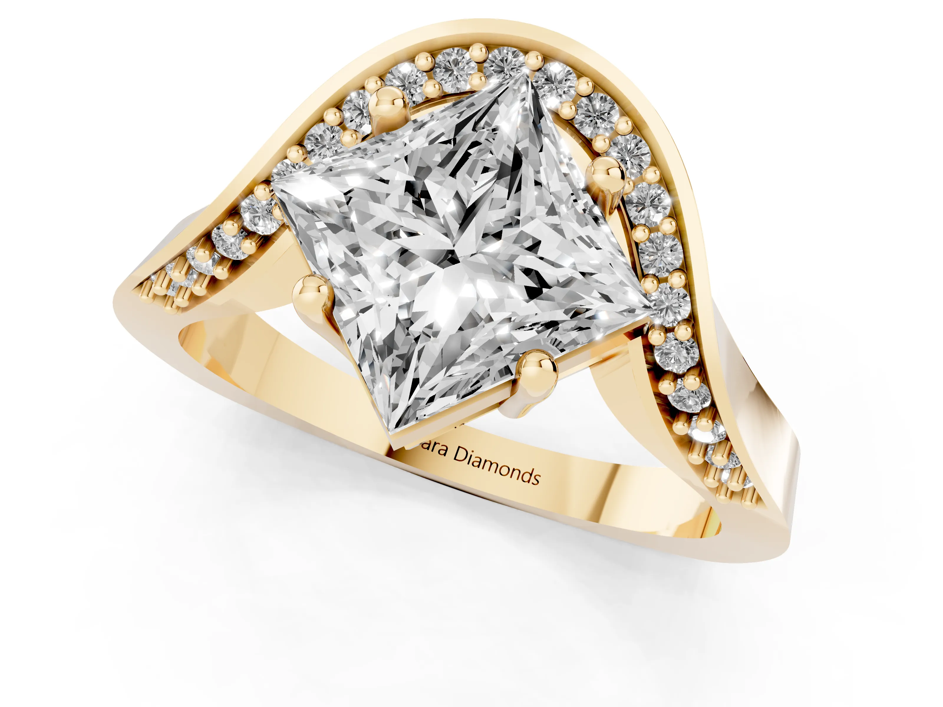 Princess Cut Diamond Solitaire Engagement Ring Set in Yellow gold with Pavé Shoulders