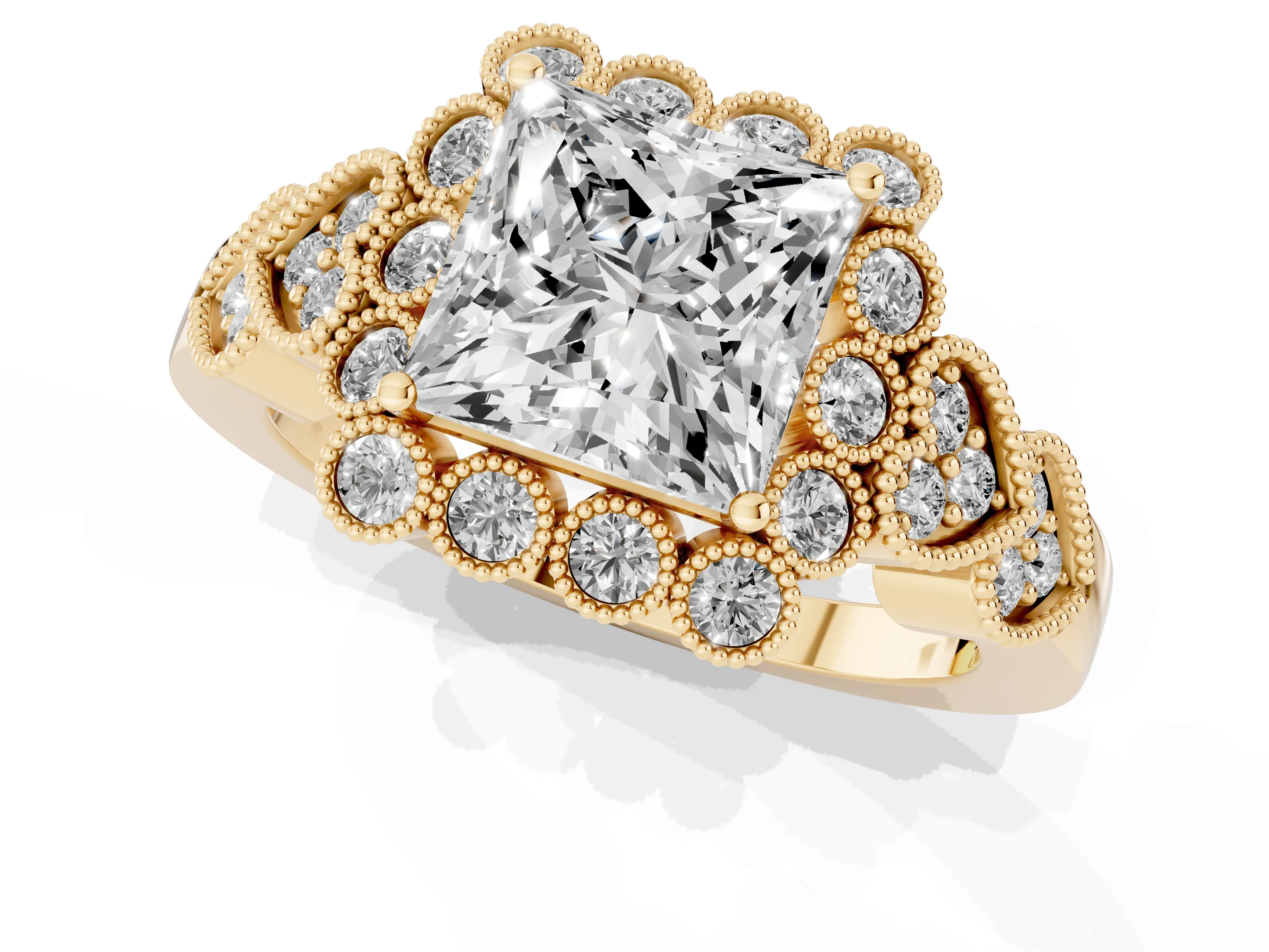 Princess Cut Diamond Solitaire Ring Set in Yellow gold with Milgrain Pavé Heart Band