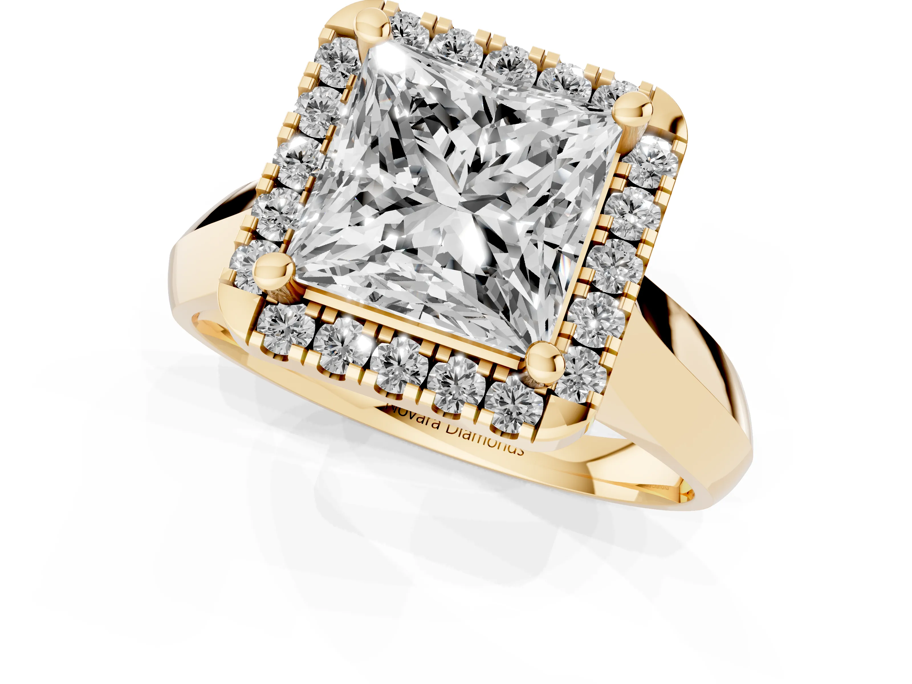 Princess Cut Diamond Halo Solitaire Engagement Ring Set in Yellow gold with Square Band and Prong Setting