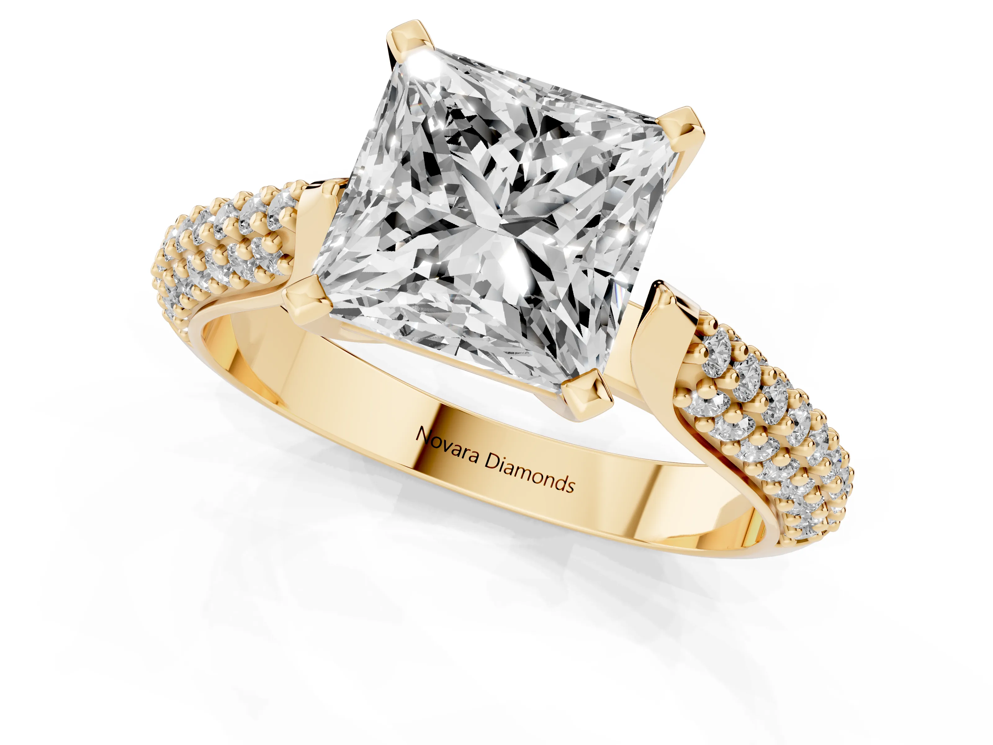 Princess Cut Diamond Solitaire Engagement Ring Set in Yellow gold with Multi-Row Round Pavé Band and Prong Setting