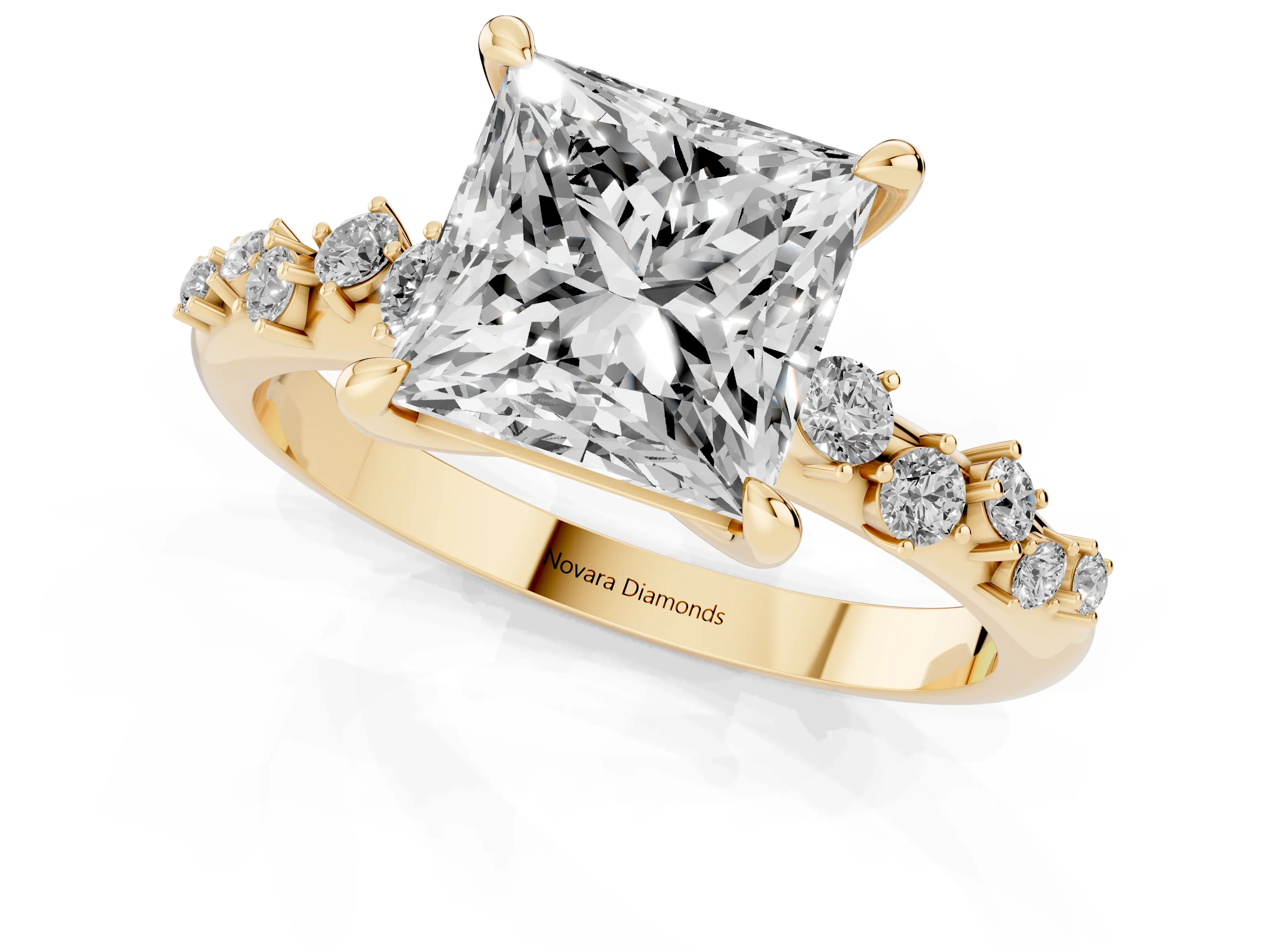 Princess Cut Diamond Solitaire Vine Band Ring Set in Yellow gold with Round Accents and Prong Setting – second view