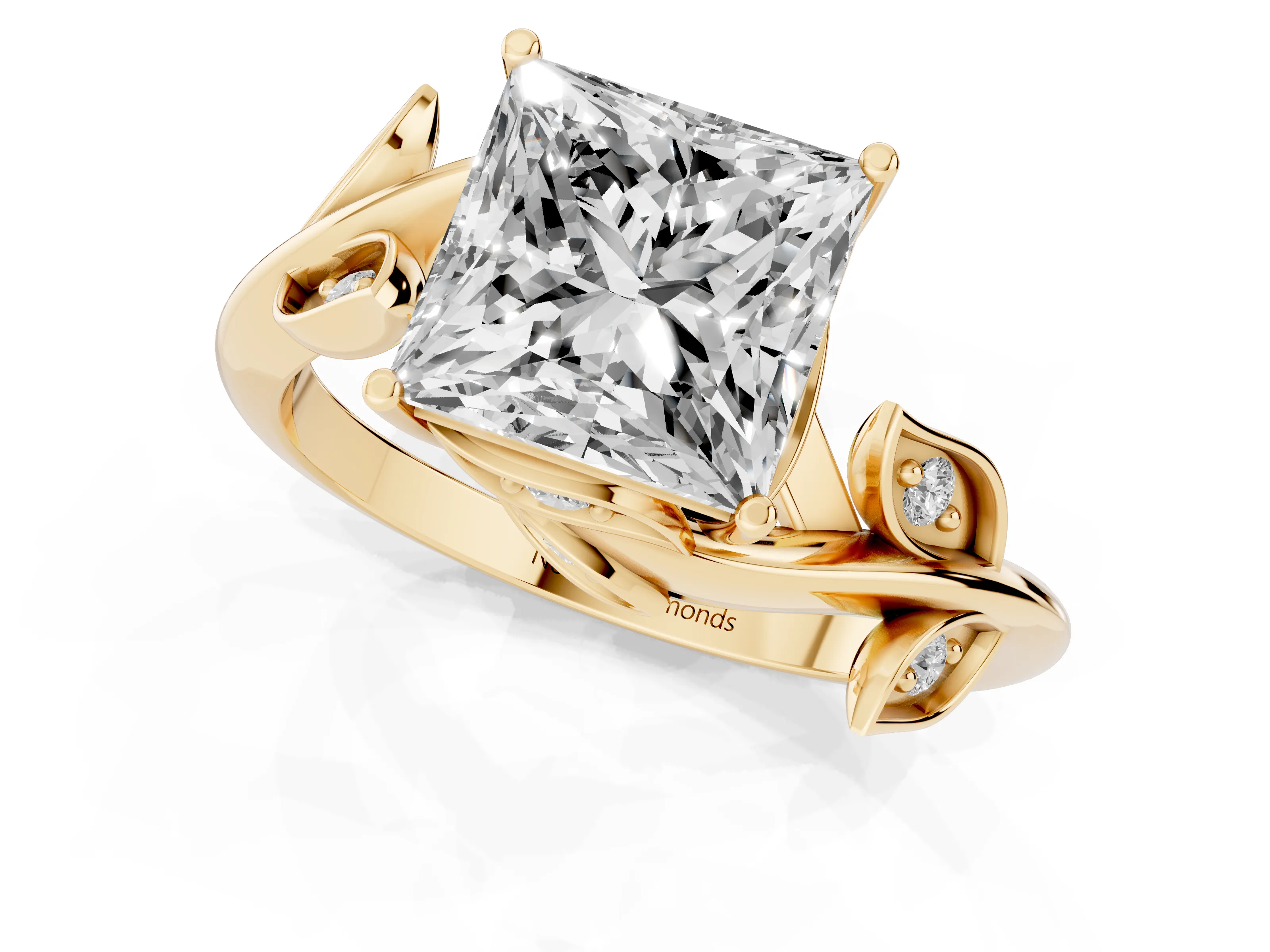 Princess Cut Diamond Solitaire Twist Engagement Ring Set in Yellow gold with Pavé Leaf Accents