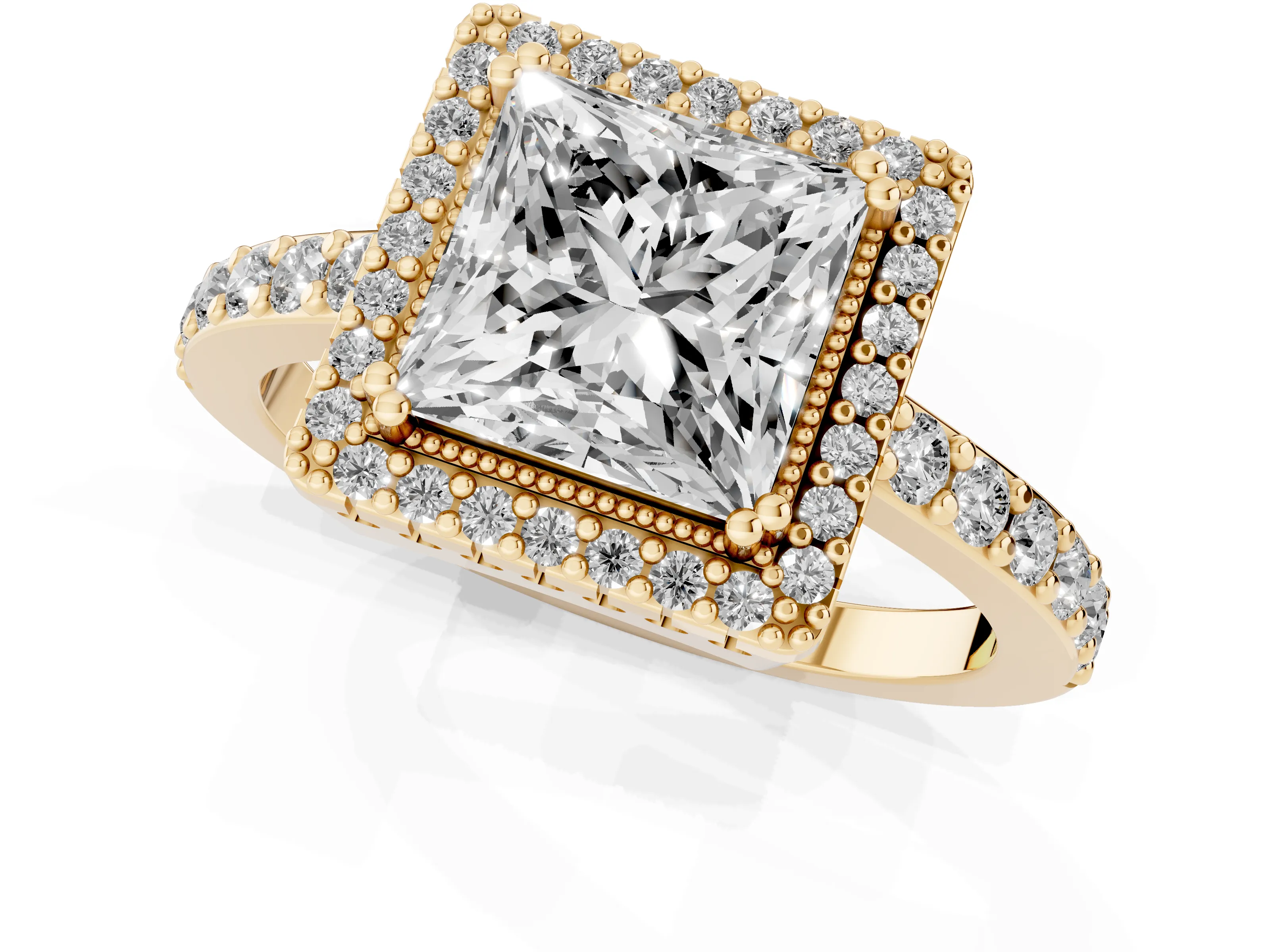 Princess Cut Diamond Halo Engagement Ring Set in Yellow gold with Milgrain Detail and Pavé Band