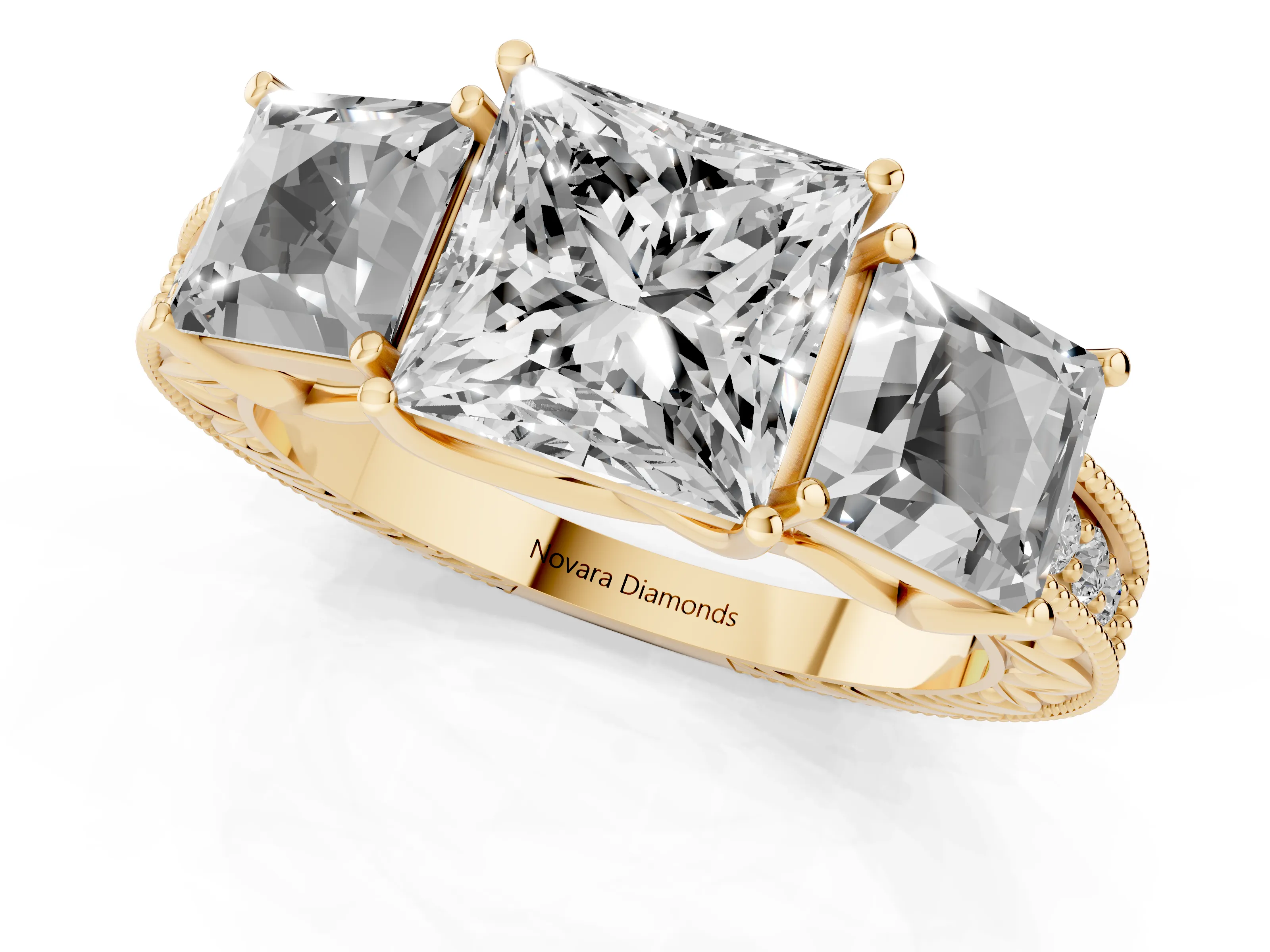 Princess Cut Diamond Three-Stone Engagement Ring Set in Yellow gold with Milgrain Pavé Band
