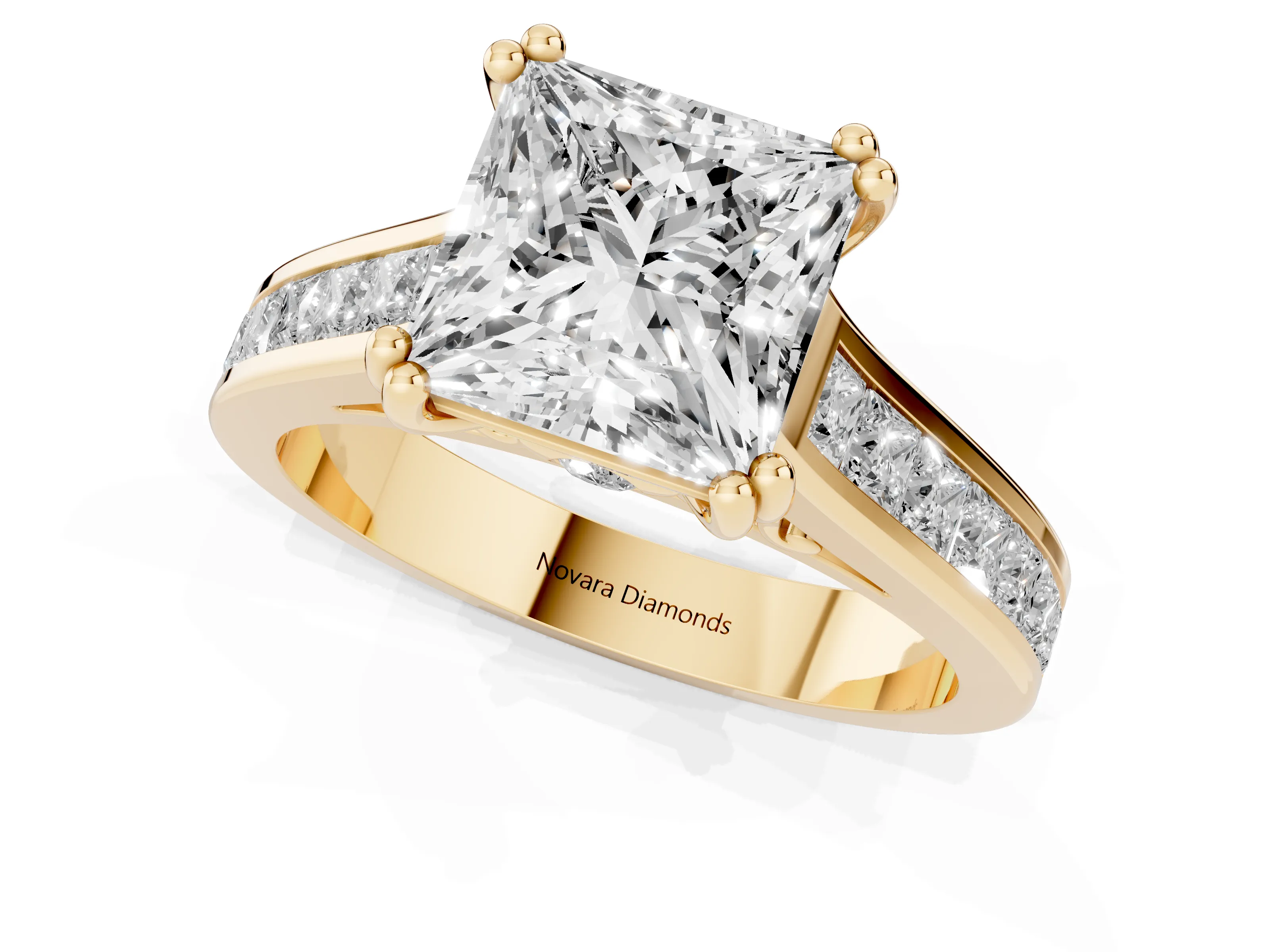 Princess Cut Diamond Channel Set Solitaire Engagement Ring Set in Yellow gold with Prong Setting – second view