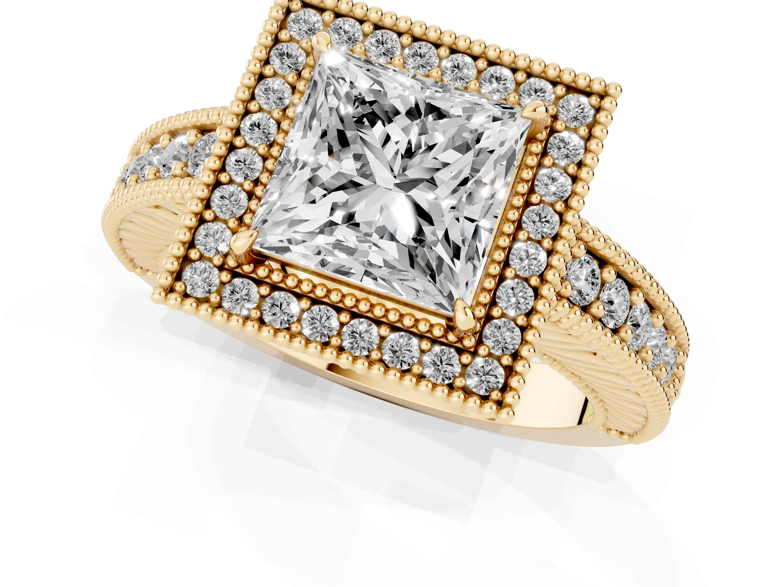 Princess Cut Diamond Halo Ring Set in Yellow gold with Round Accent Halo, Pavé Band and Prong Setting