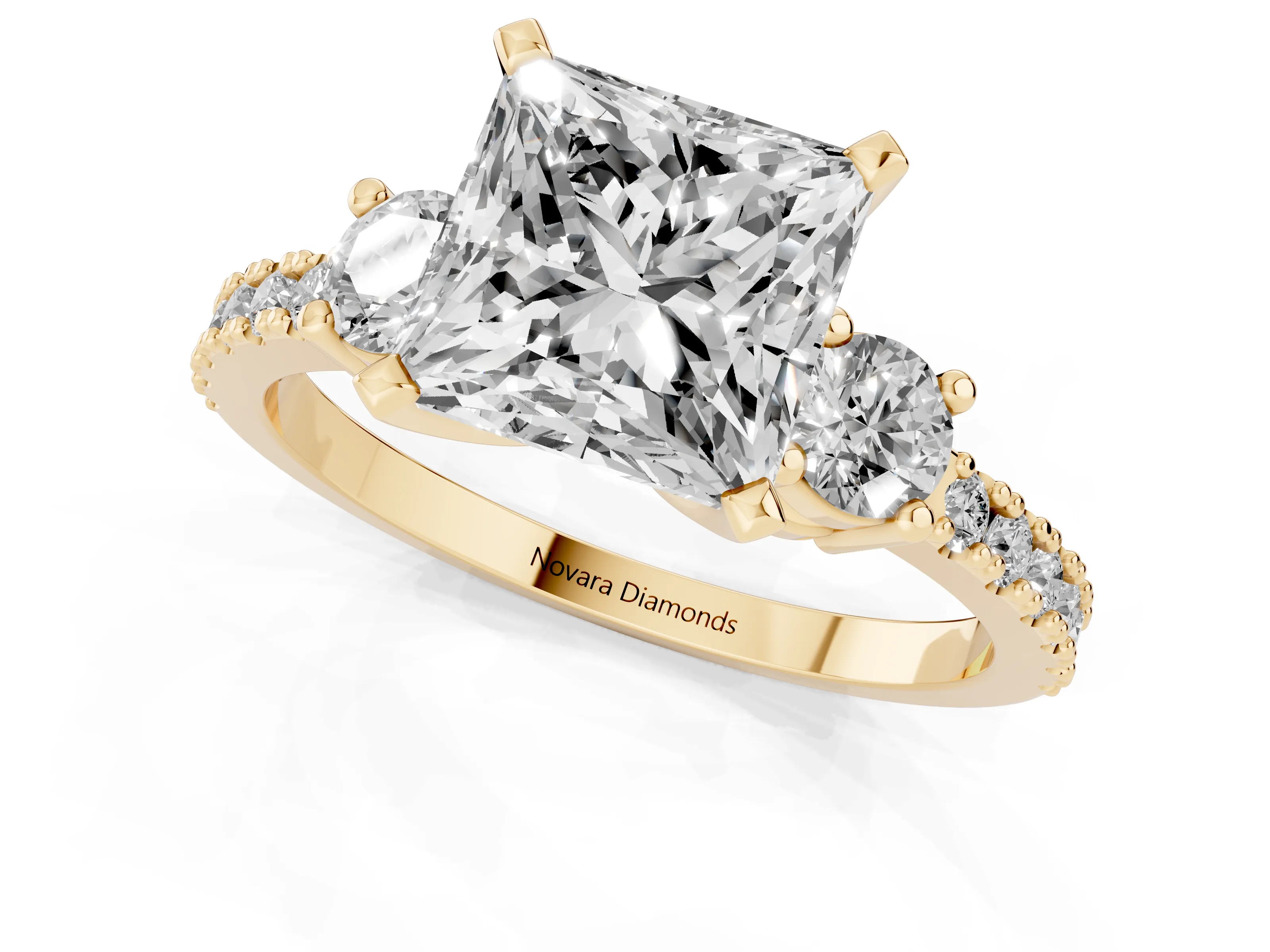 Three-Stone Princess Cut Diamond Pavé Band Ring Set in Yellow gold with Prong Setting