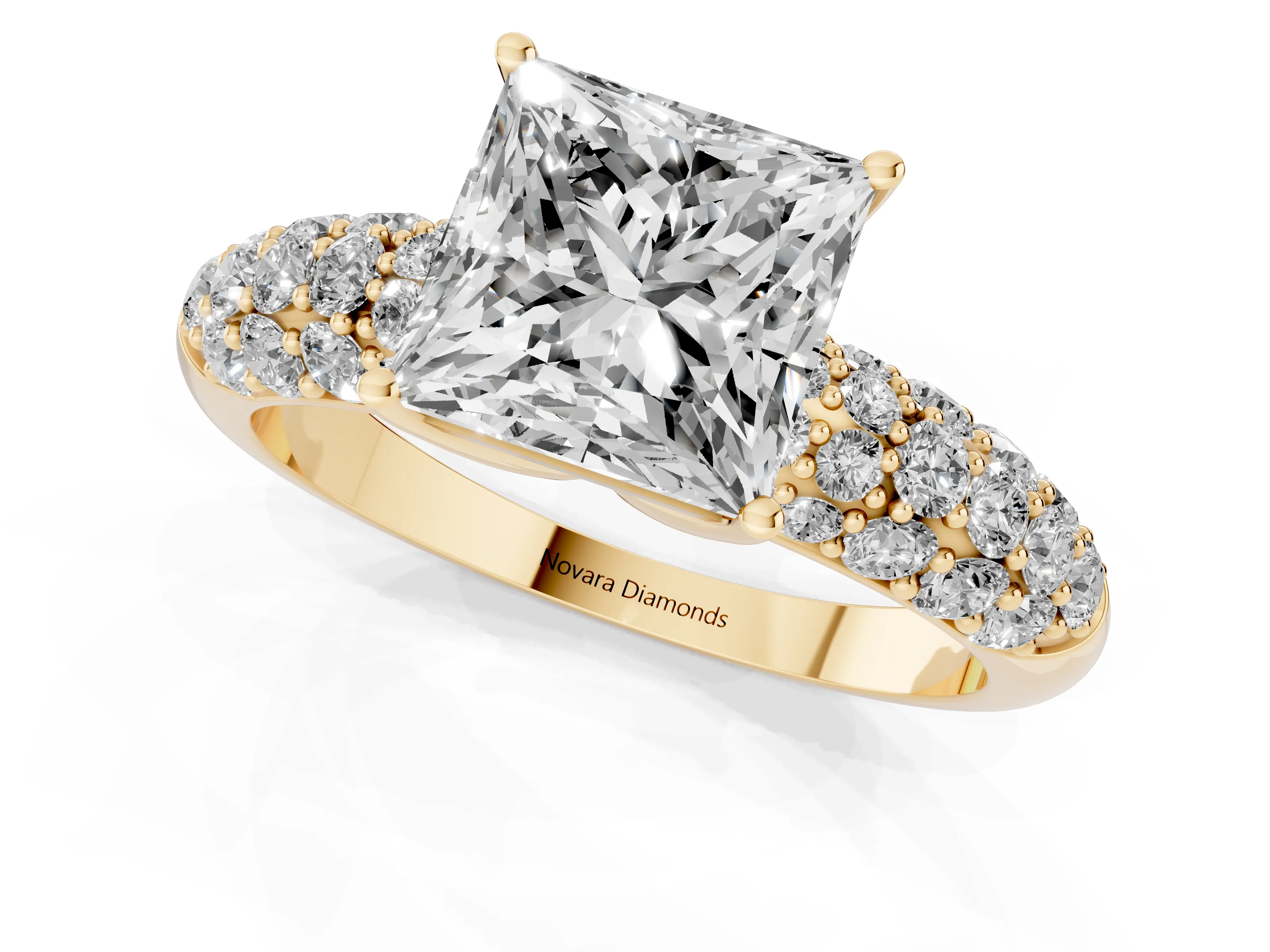 Princess Cut Diamond Pavé Band Solitaire Ring Set in Yellow gold with Close-Set Accent Stones and Prong Setting