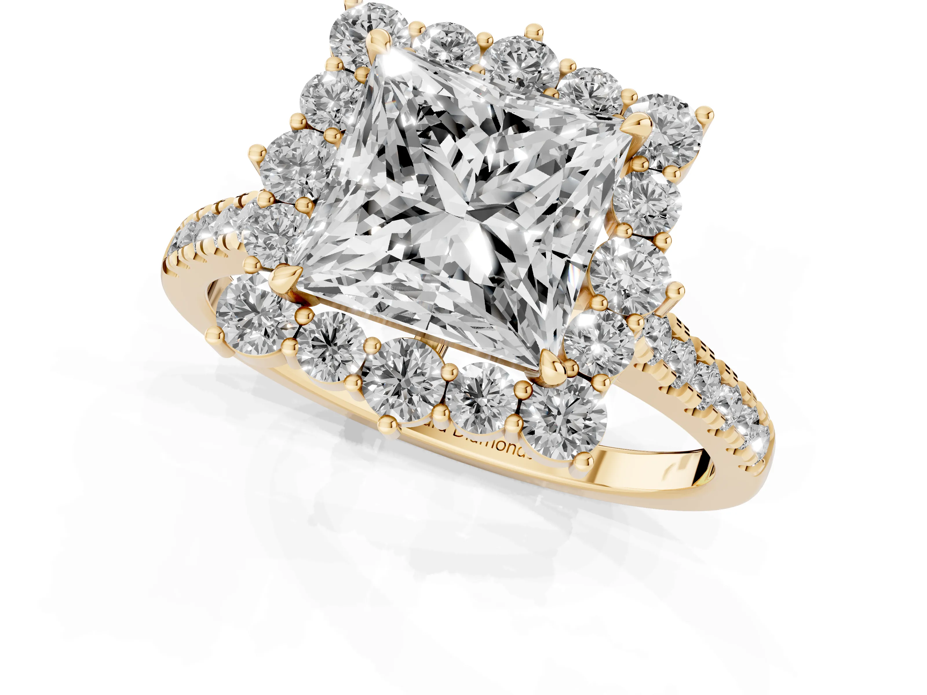 Princess Cut Diamond Halo Ring Set in Yellow gold with Pavé Band and Prong Setting