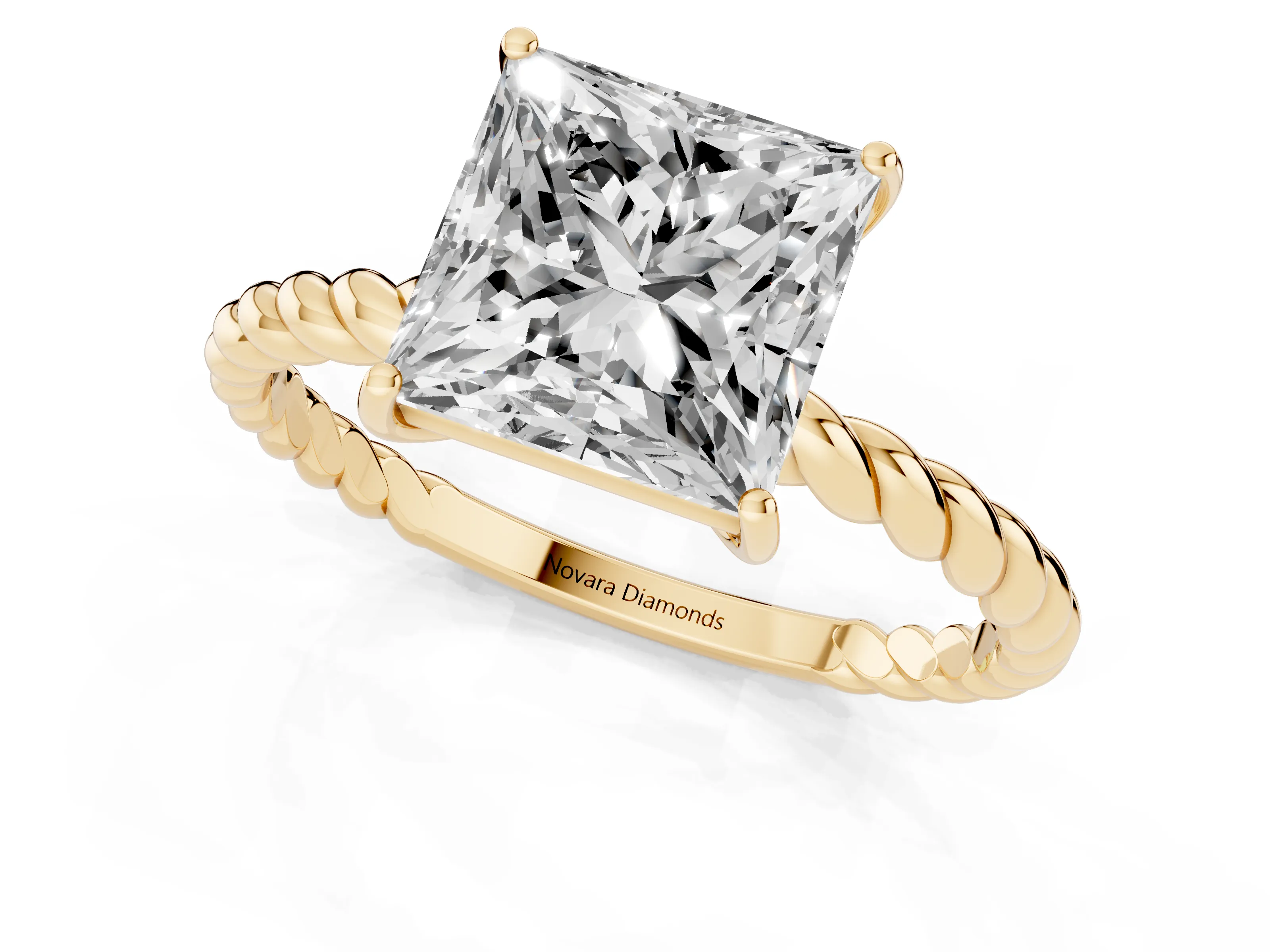 Princess Cut Diamond Solitaire Ring Set in Yellow gold with Twist Band and Prong Setting