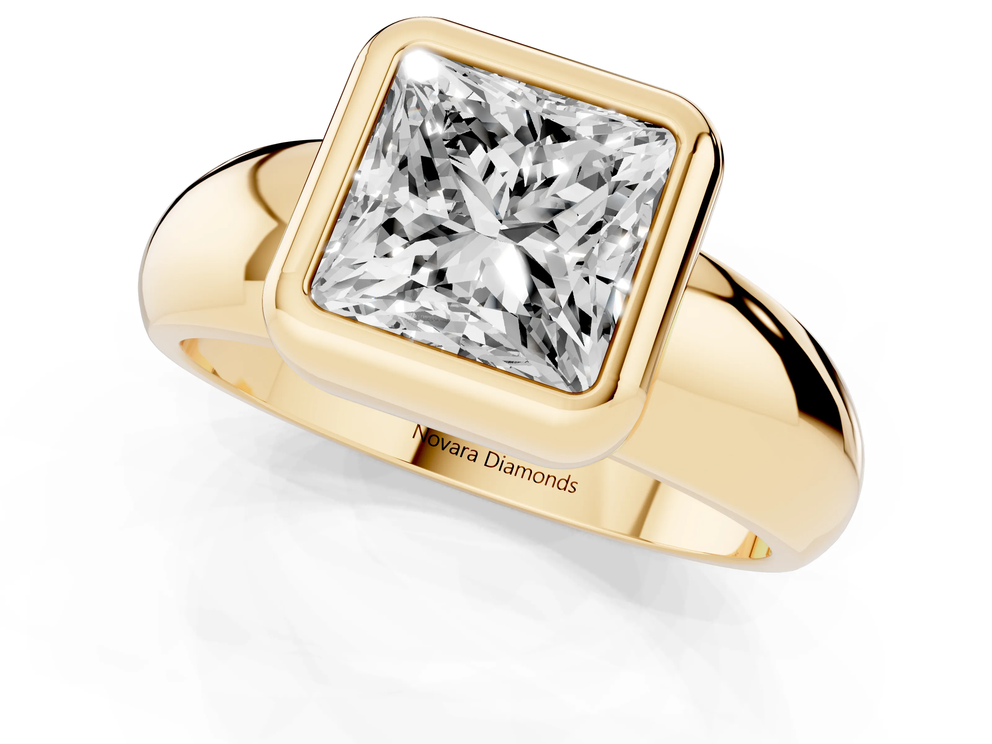 Bezel Set Princess Cut Diamond Solitaire Ring Set in Yellow gold with Wide Band