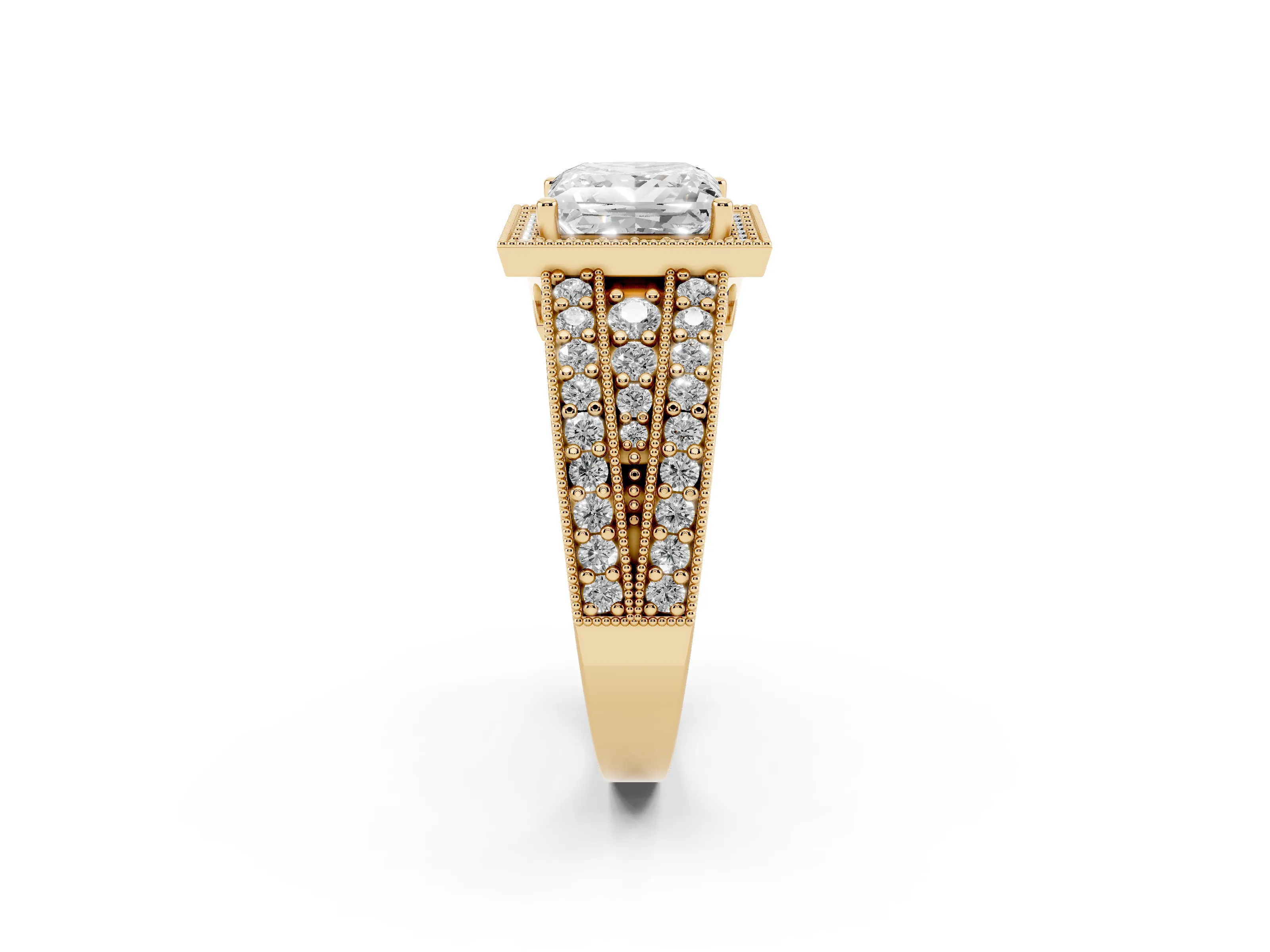 Princess Cut Diamond Halo Ring Set in Yellow gold with Accent Split Shank and Prong Setting