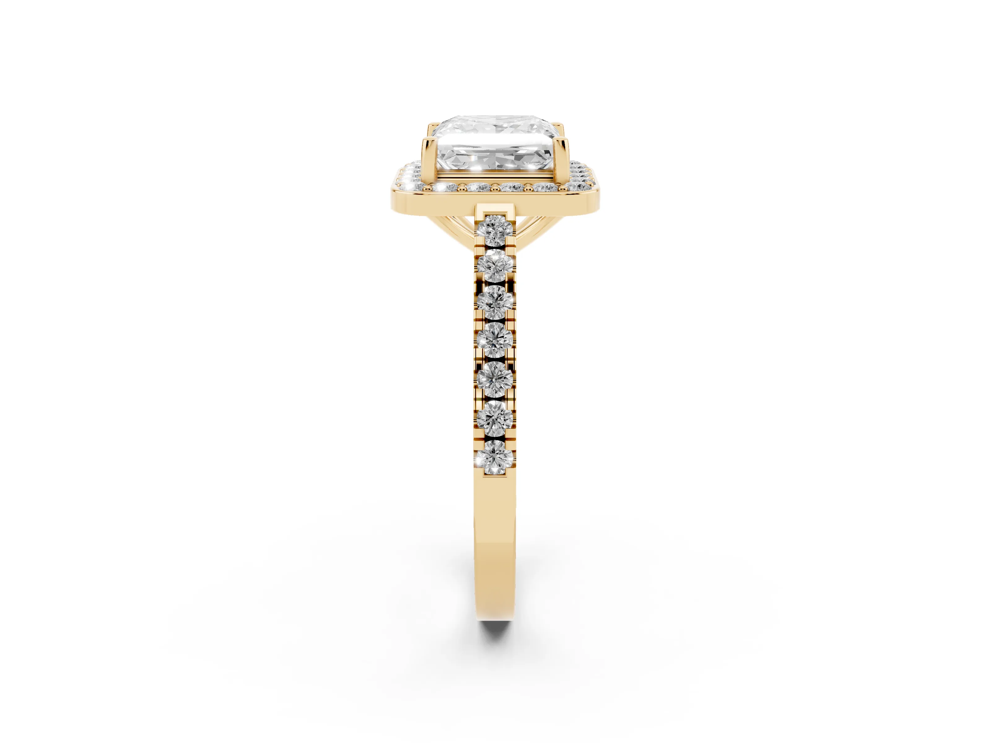 Princess Cut Diamond Halo Ring Set in Yellow gold with Round Pavé Split Shank and Prong Setting