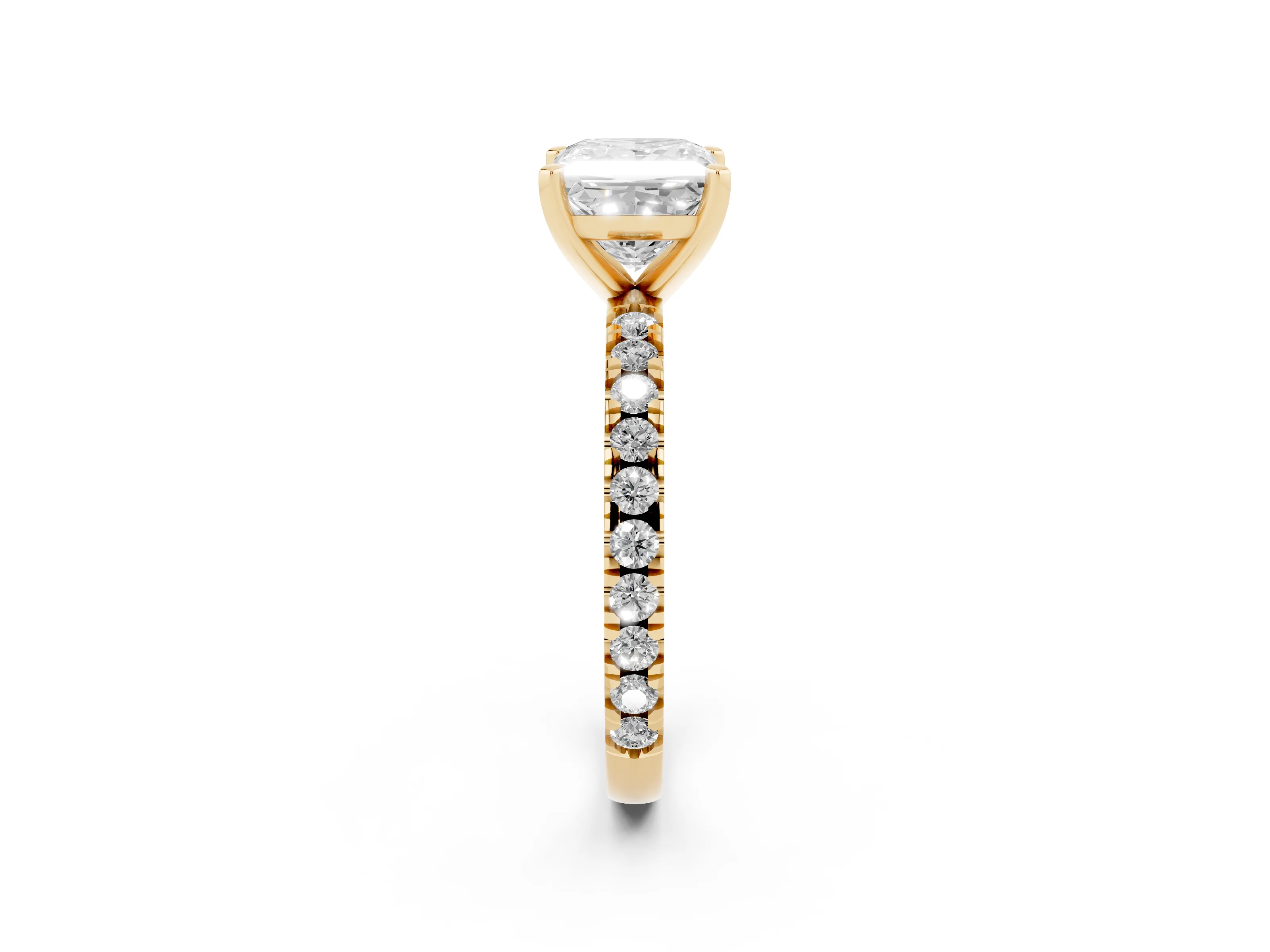 Princess Cut Diamond Pavé Band Solitaire Set in Yellow gold with Prong Setting