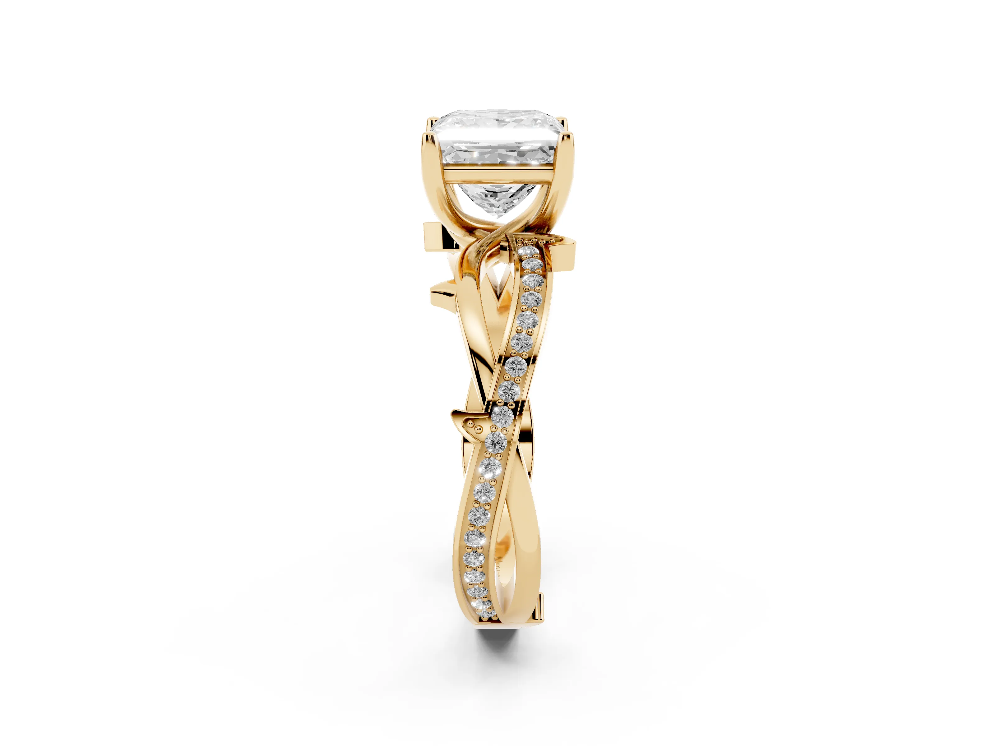 Princess Cut Diamond Pavé Twist Band Solitaire Ring Set in Yellow gold with Prong Setting