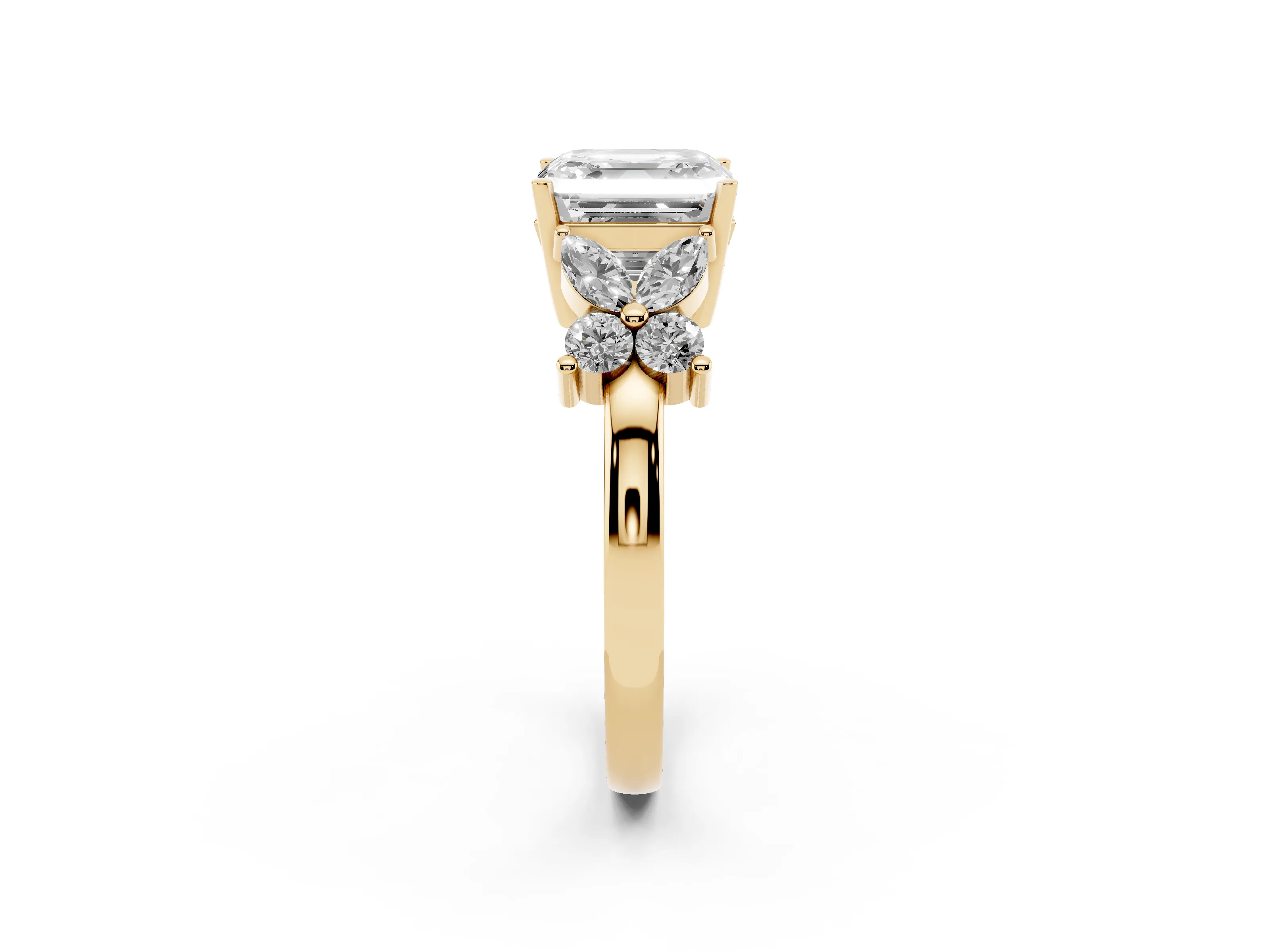 Princess Cut Diamond Floral Cluster Ring Set in Yellow gold with Marquise Petals and Prong Setting