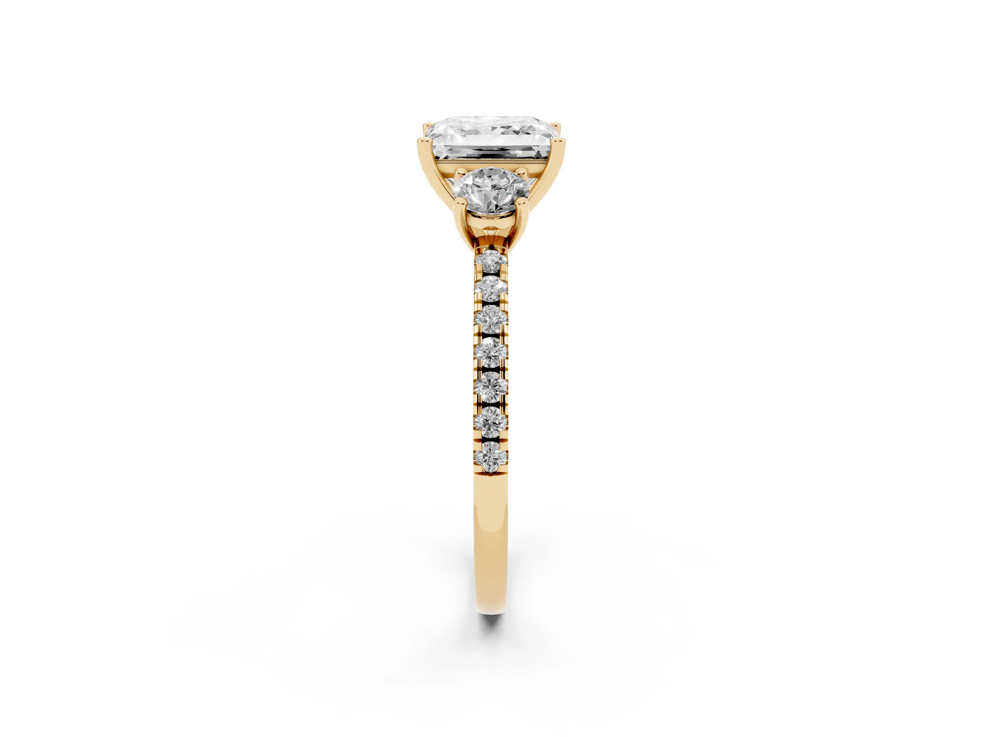 Princess Cut Diamond Three-Stone Ring Set in Yellow gold with Pavé Band and Graduated Sides