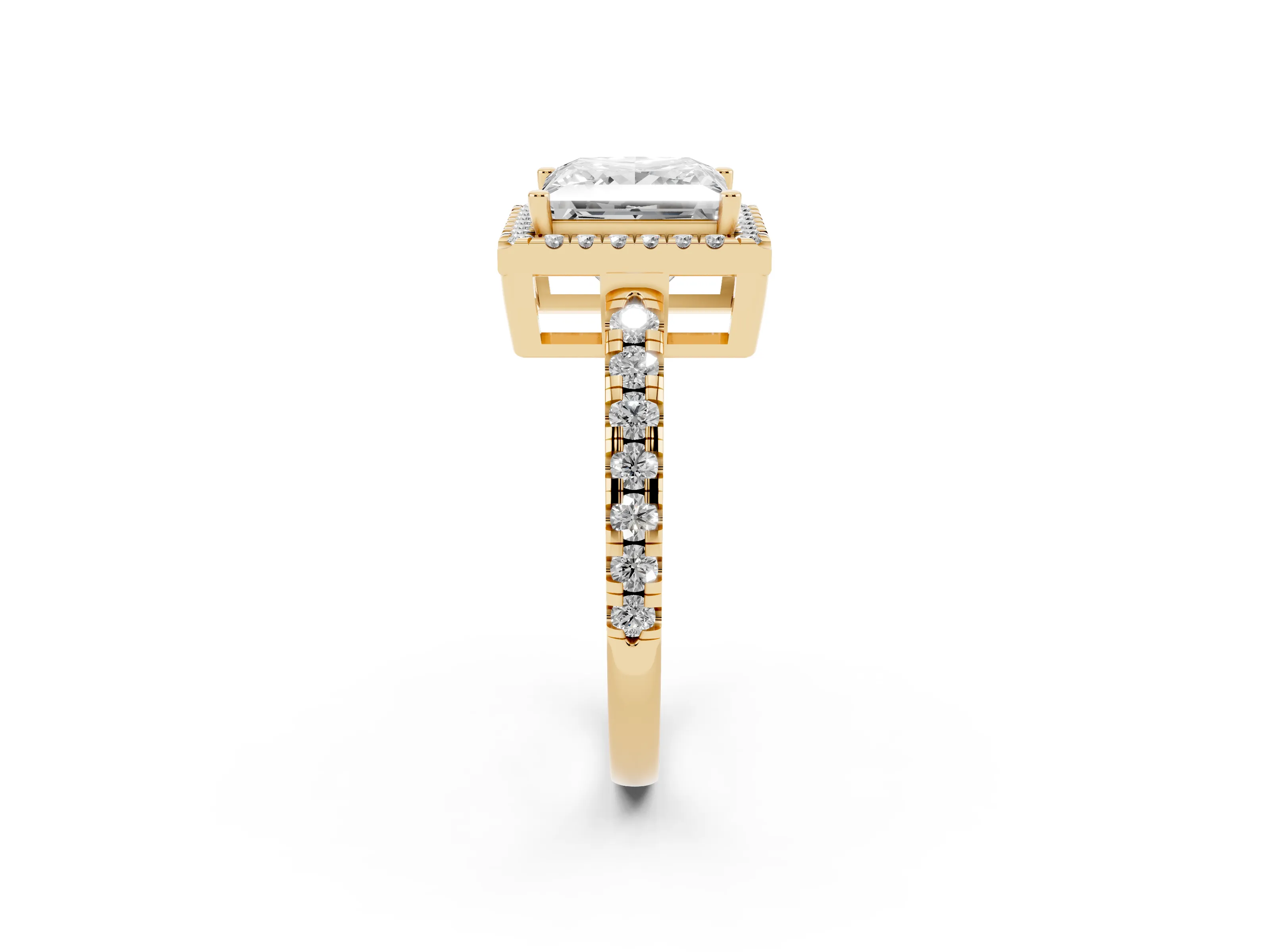 Princess Cut Diamond Halo Ring Set in Yellow gold with Delicate Pavé Band and Prong Setting