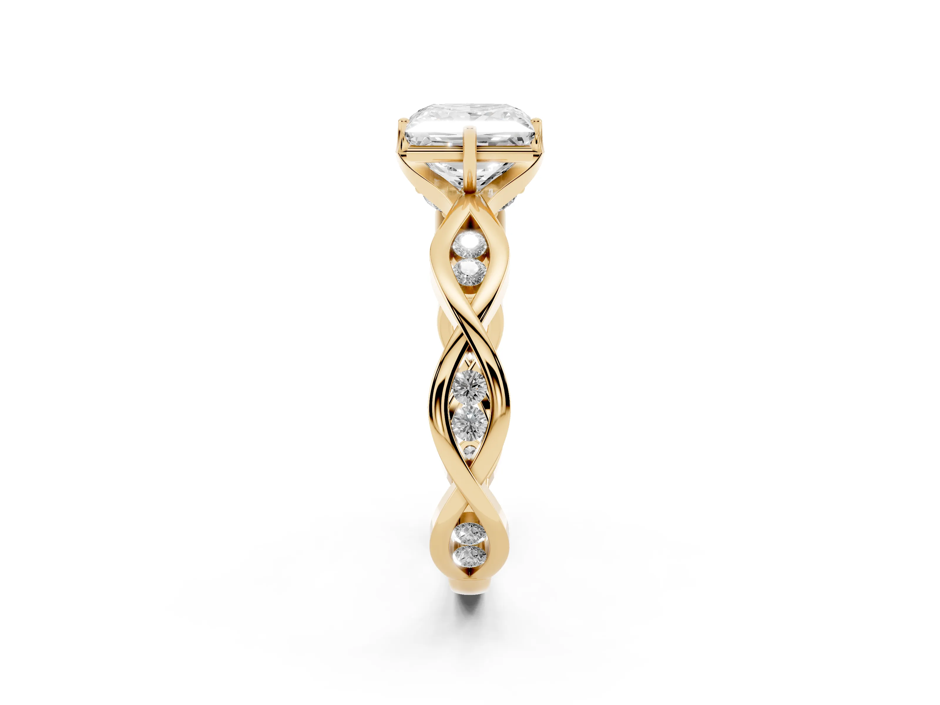 Princess Cut Diamond Twist Band Solitaire Ring Set in Yellow gold with Leaf Prong Setting and Accent Stones