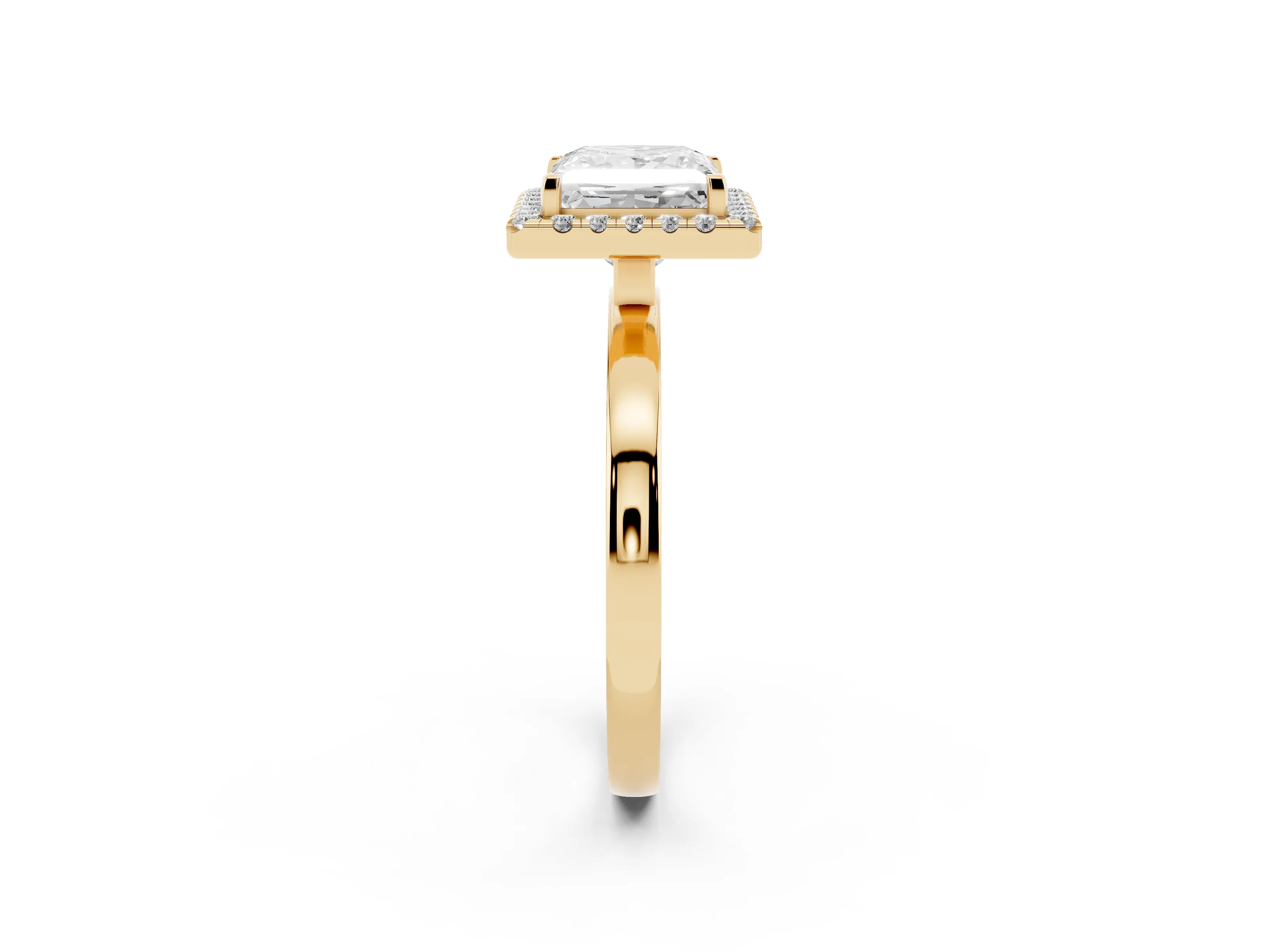 Princess Cut Diamond Halo Solitaire Ring Set in Yellow gold with Pavé Band and Prong Setting