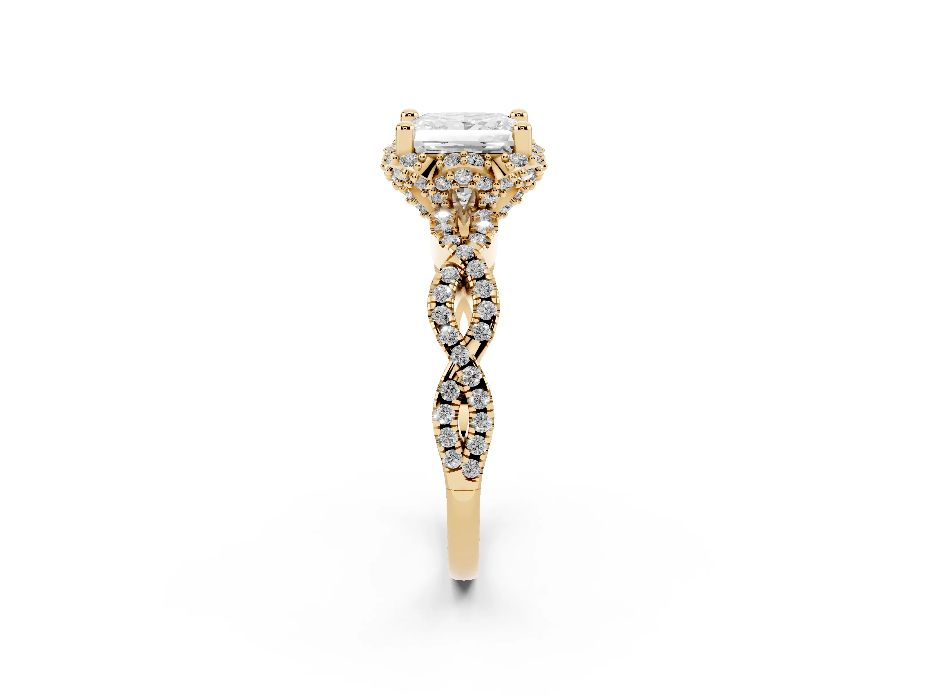 Princess Cut Diamond Halo Twist Band Solitaire Ring Set in Yellow gold with Prong-Set Center Stone