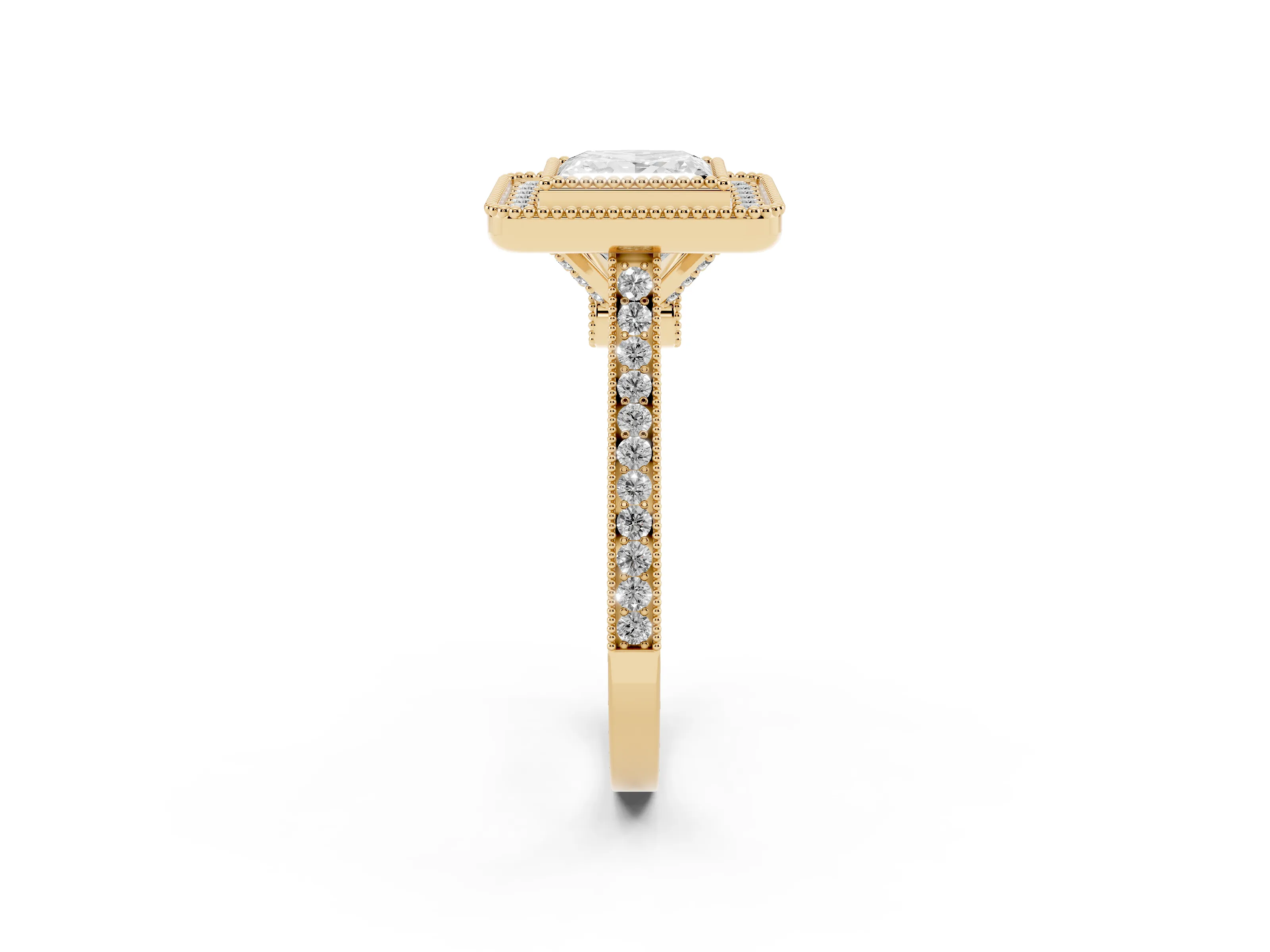 Princess Cut Diamond Halo Ring Set in Yellow gold with Milgrain Frame and Pavé Band