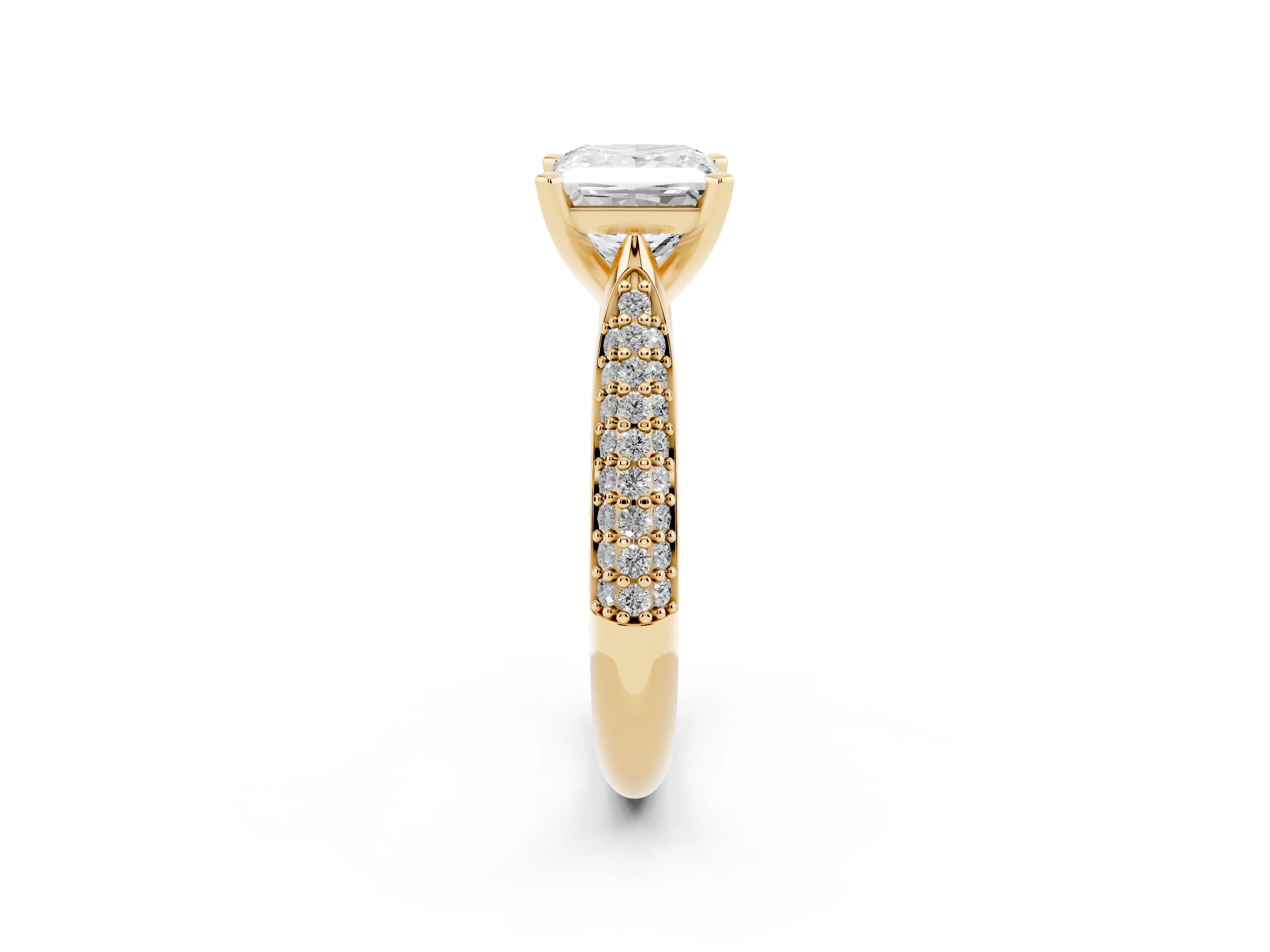 Princess Cut Diamond Solitaire Engagement Ring Set in Yellow gold with Multi-Row Round Pavé Band and Prong Setting