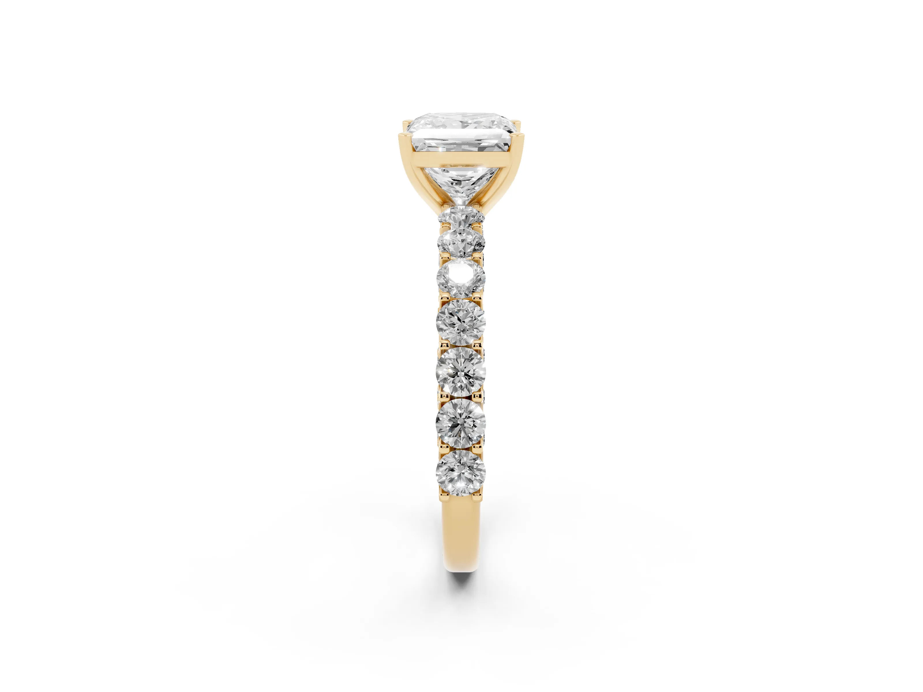 Princess Cut Diamond Solitaire Ring Set in Yellow gold with Shared Prong Pavé Band