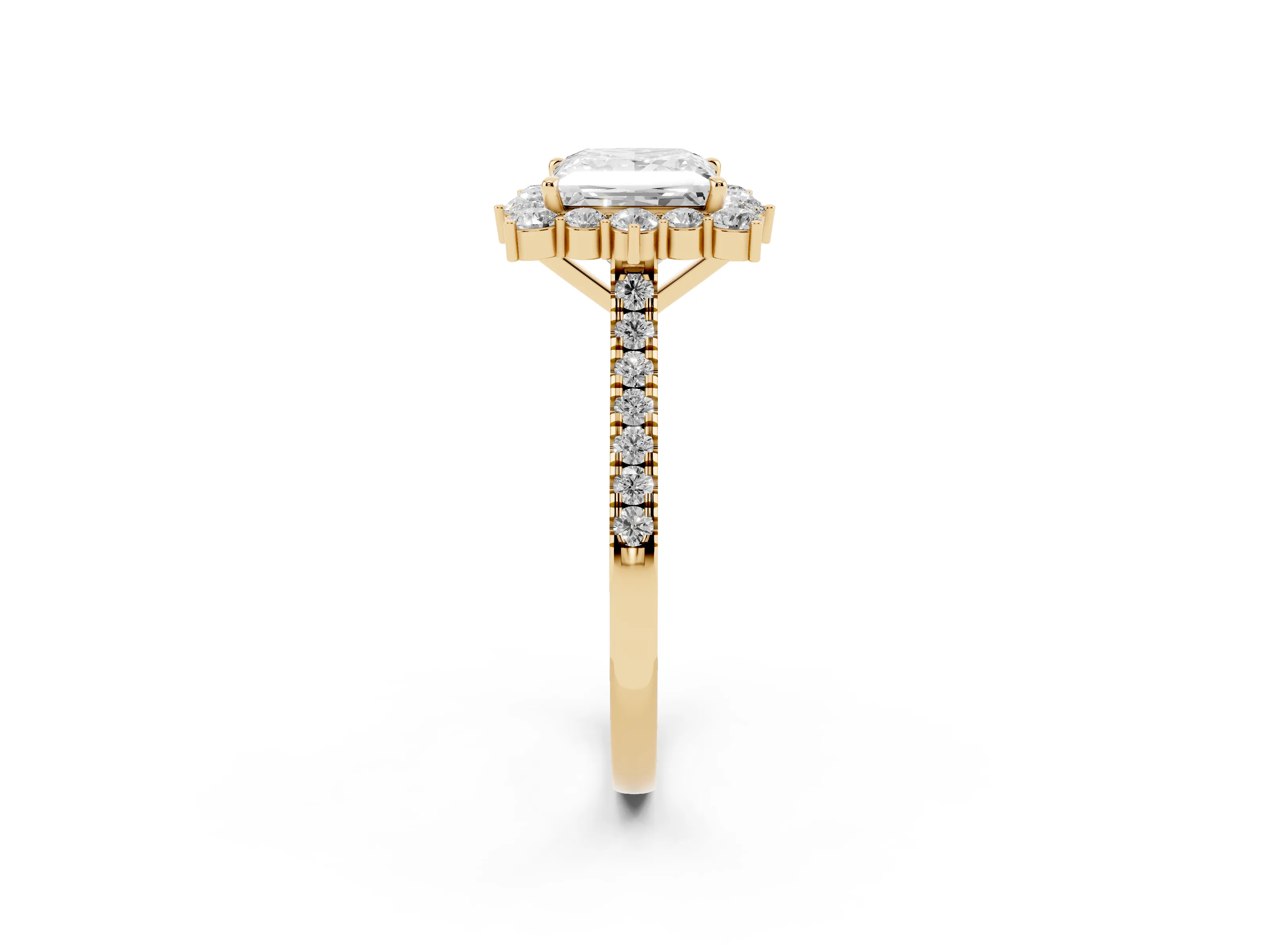 Princess Cut Diamond Halo Ring Set in Yellow gold with Pavé Band and Prong Setting
