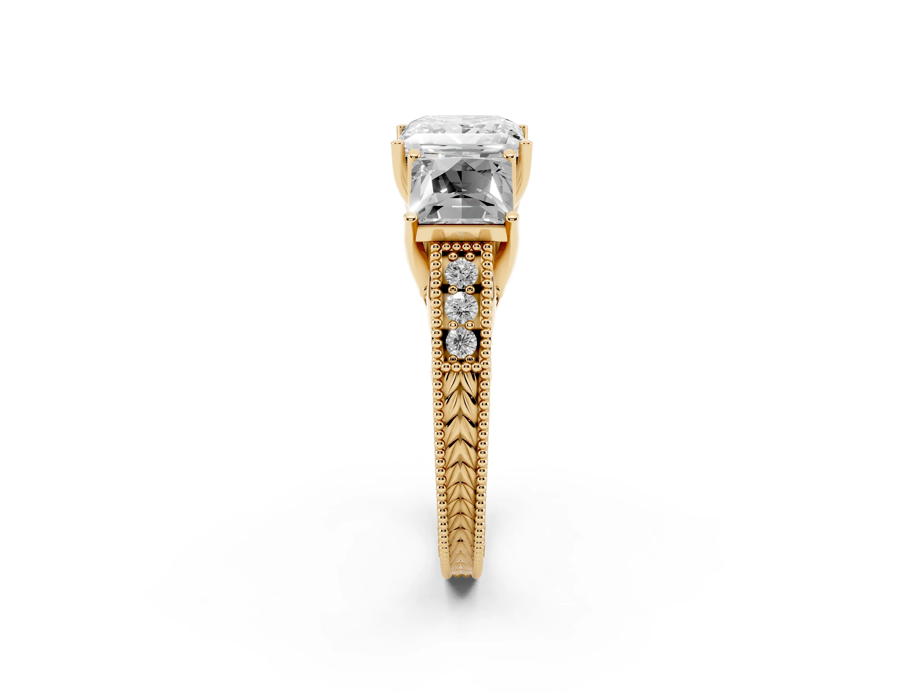 Princess Cut Diamond Three-Stone Engagement Ring Set in Yellow gold with Milgrain Pavé Band