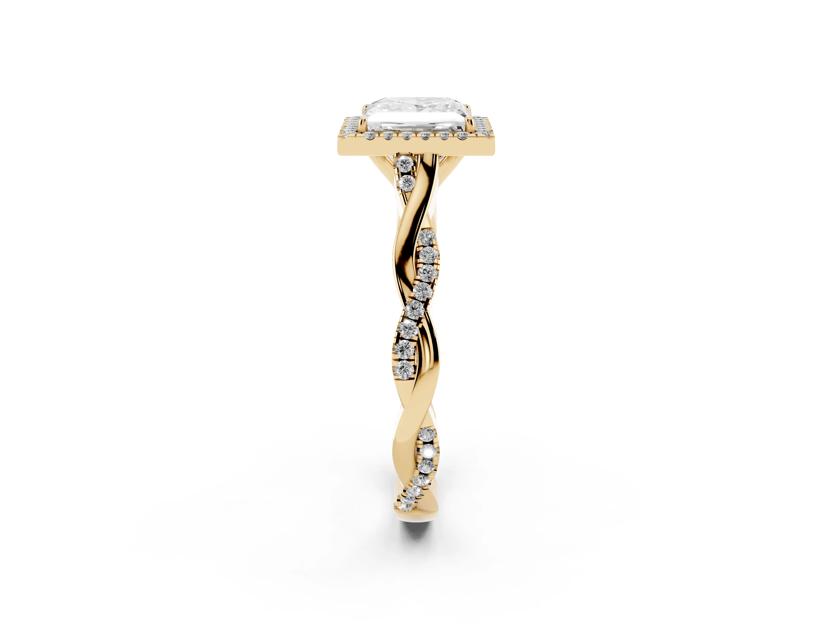 Princess Cut Diamond Halo Twist Band Solitaire Ring Set in Yellow gold with Prong Setting