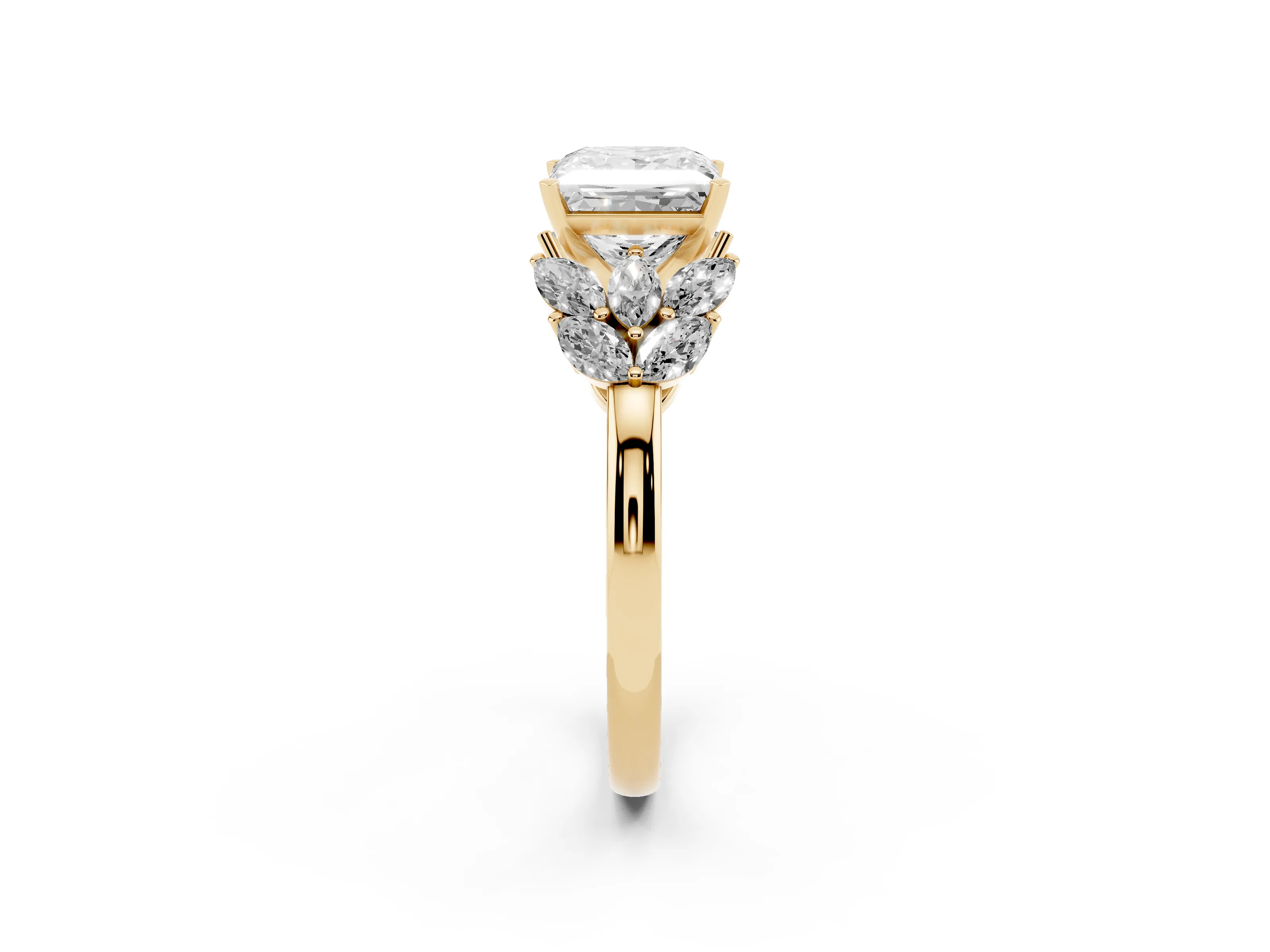 Princess Cut Diamond Cluster Leaf Design Ring Set in Yellow gold with Prong Setting