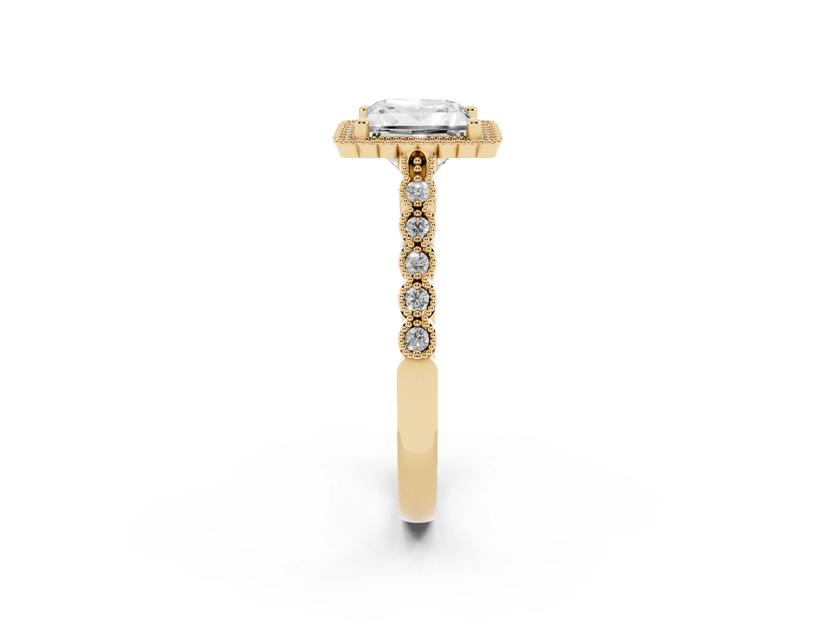 Princess Cut Diamond Halo Ring Set in Yellow gold with Pavé Milgrain Band