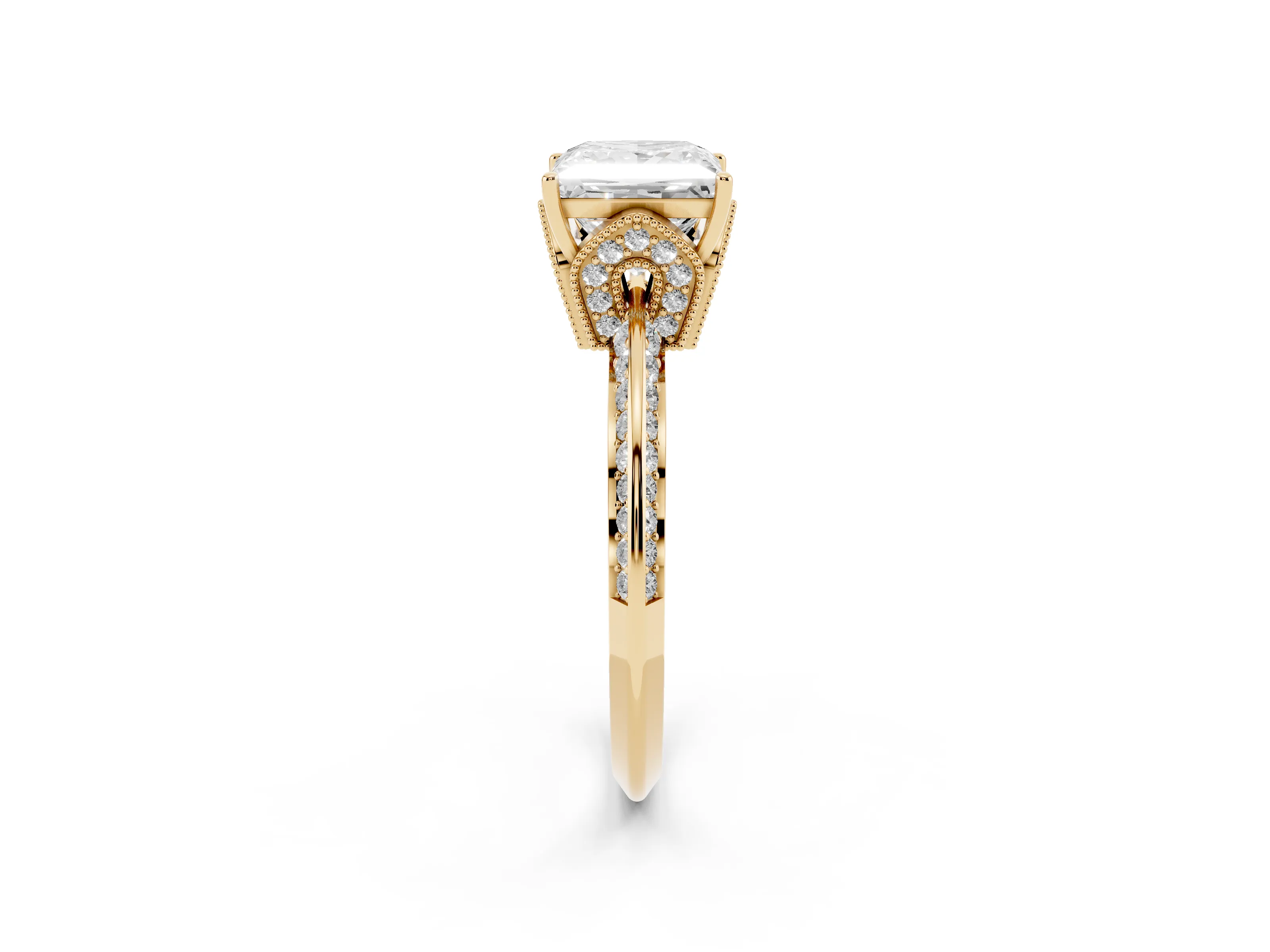 Princess Cut Diamond Solitaire Engagement Ring Set in Yellow gold with Pavé Split Shank and Prong Setting