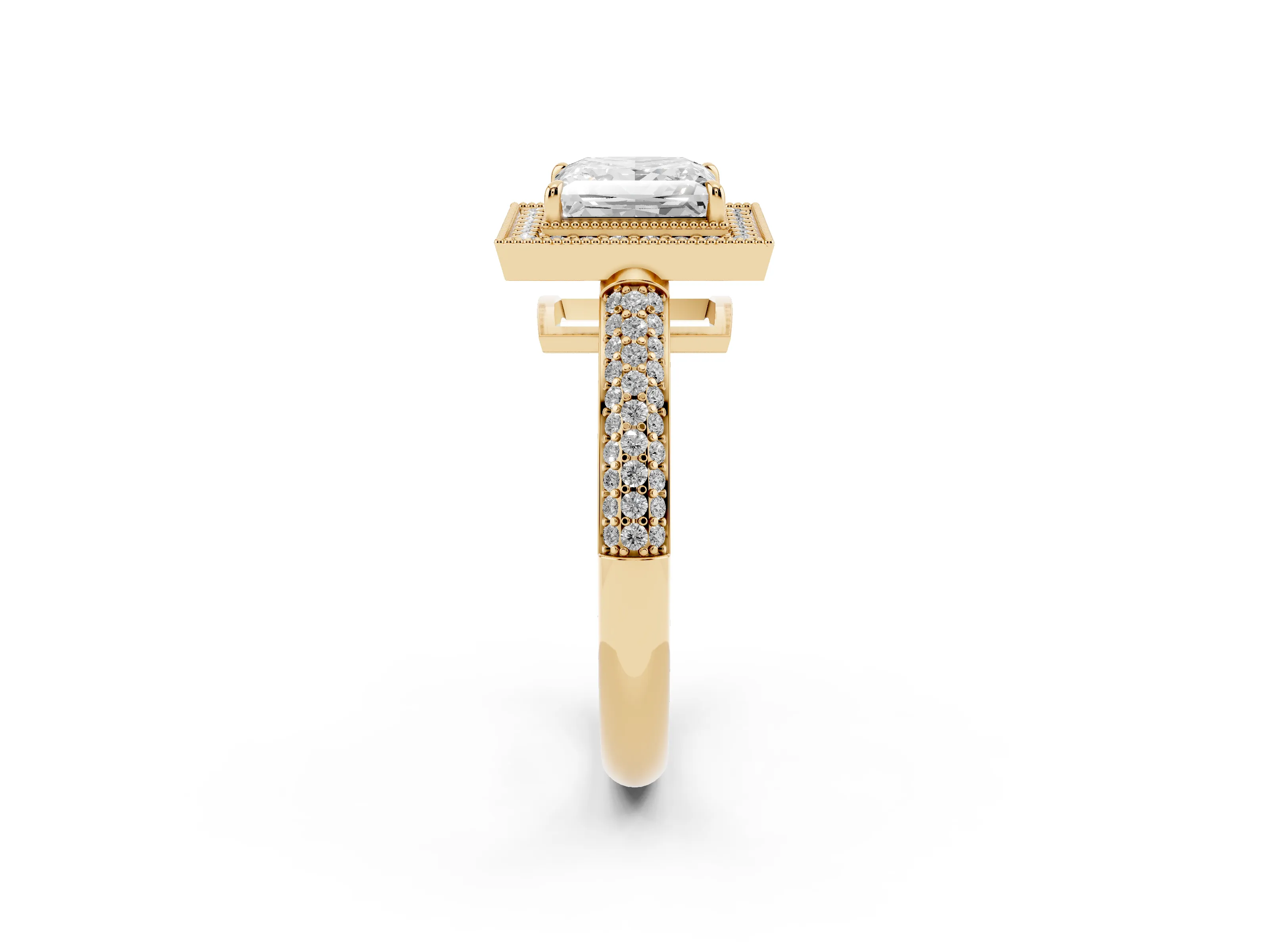 Princess Cut Diamond Halo Pavé Band Set in Yellow gold with Prong Setting
