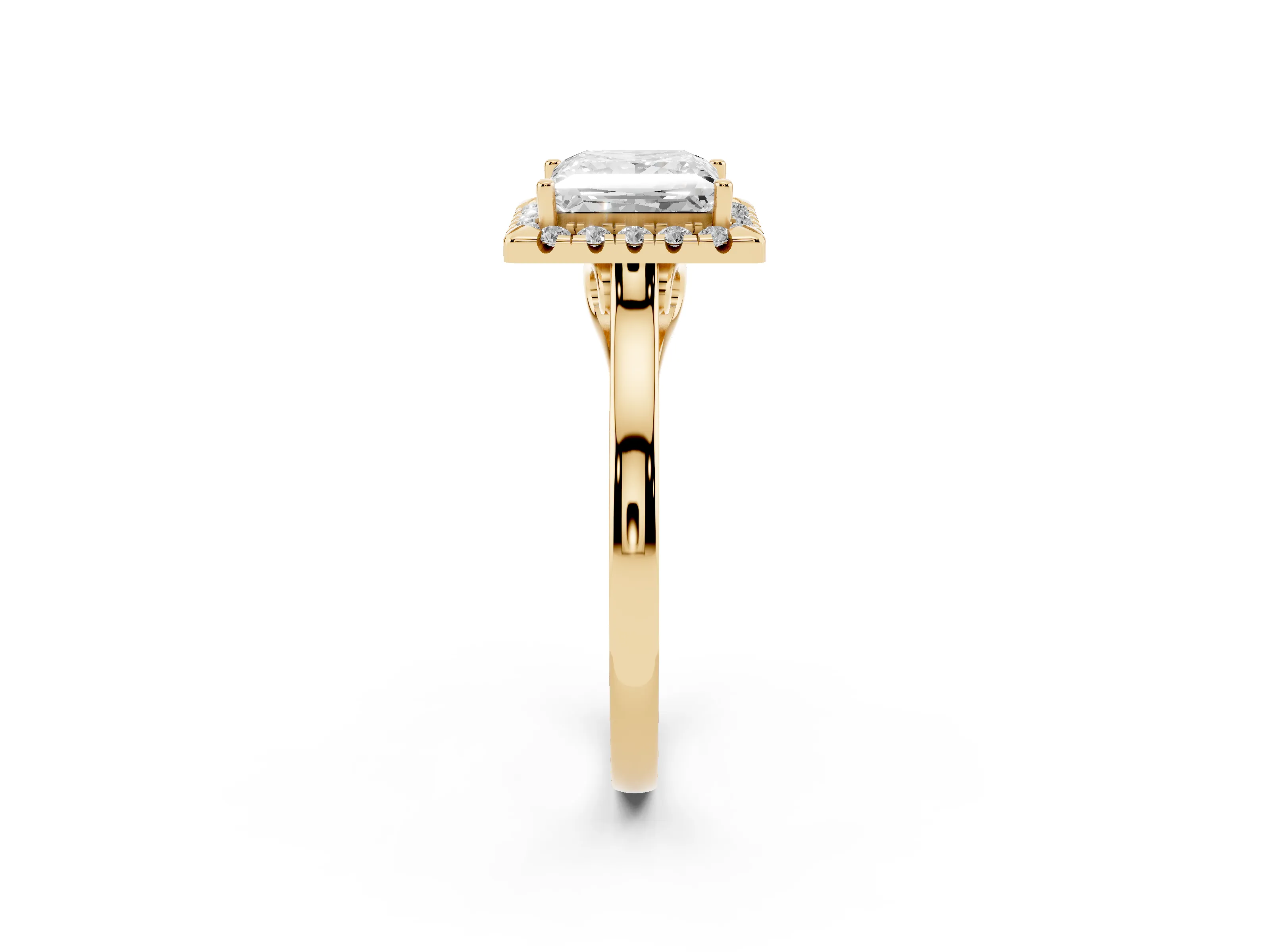 Princess Cut Halo Round Diamond Solitaire Ring Set in Yellow gold with Pavé Band and Prong Setting