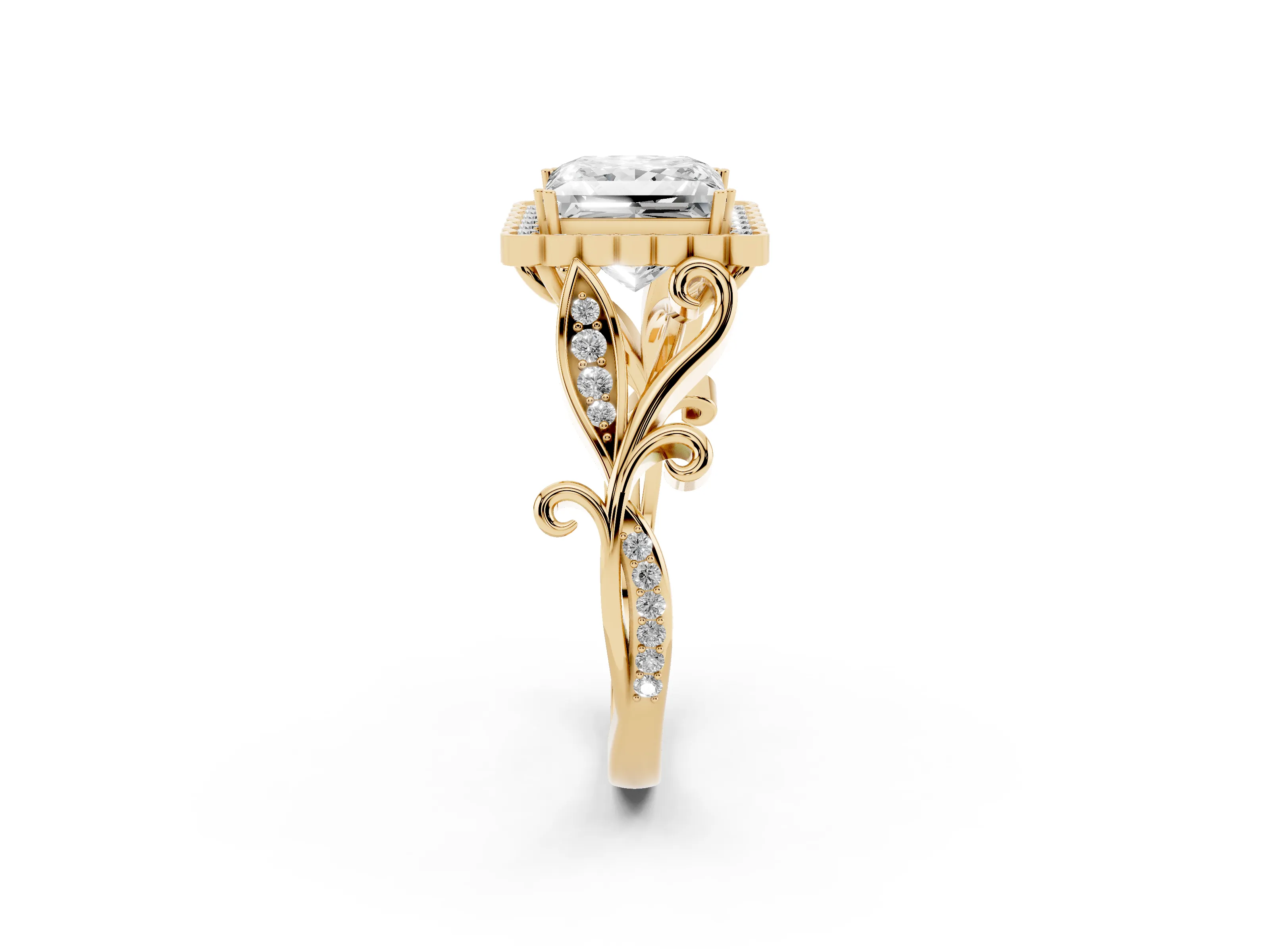 Princess Cut Diamond Halo Ring Set in Yellow gold with Leaf Motif Split Shank and Prong Setting