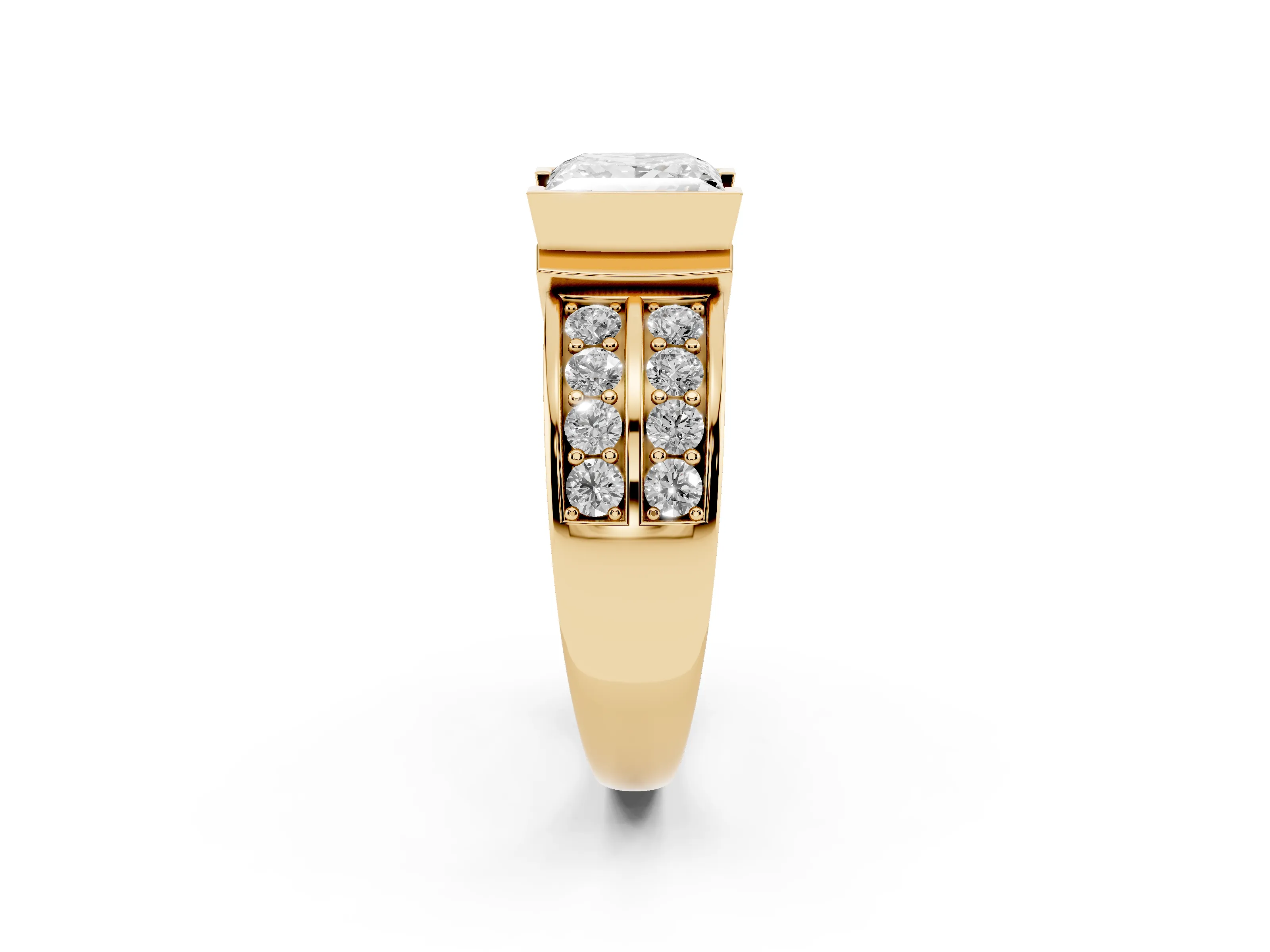 Princess Cut Diamond Wide Channel Set Band Ring Set in Yellow gold with Bezel Setting