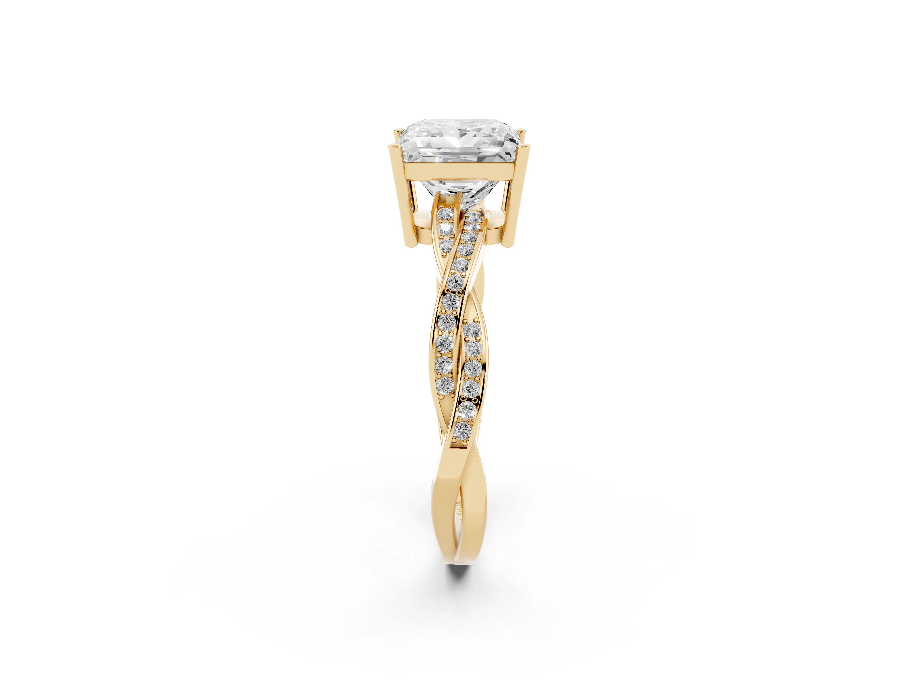 Princess Cut Diamond Solitaire Twisted Pavé Ring Set in Yellow gold with Prong Setting