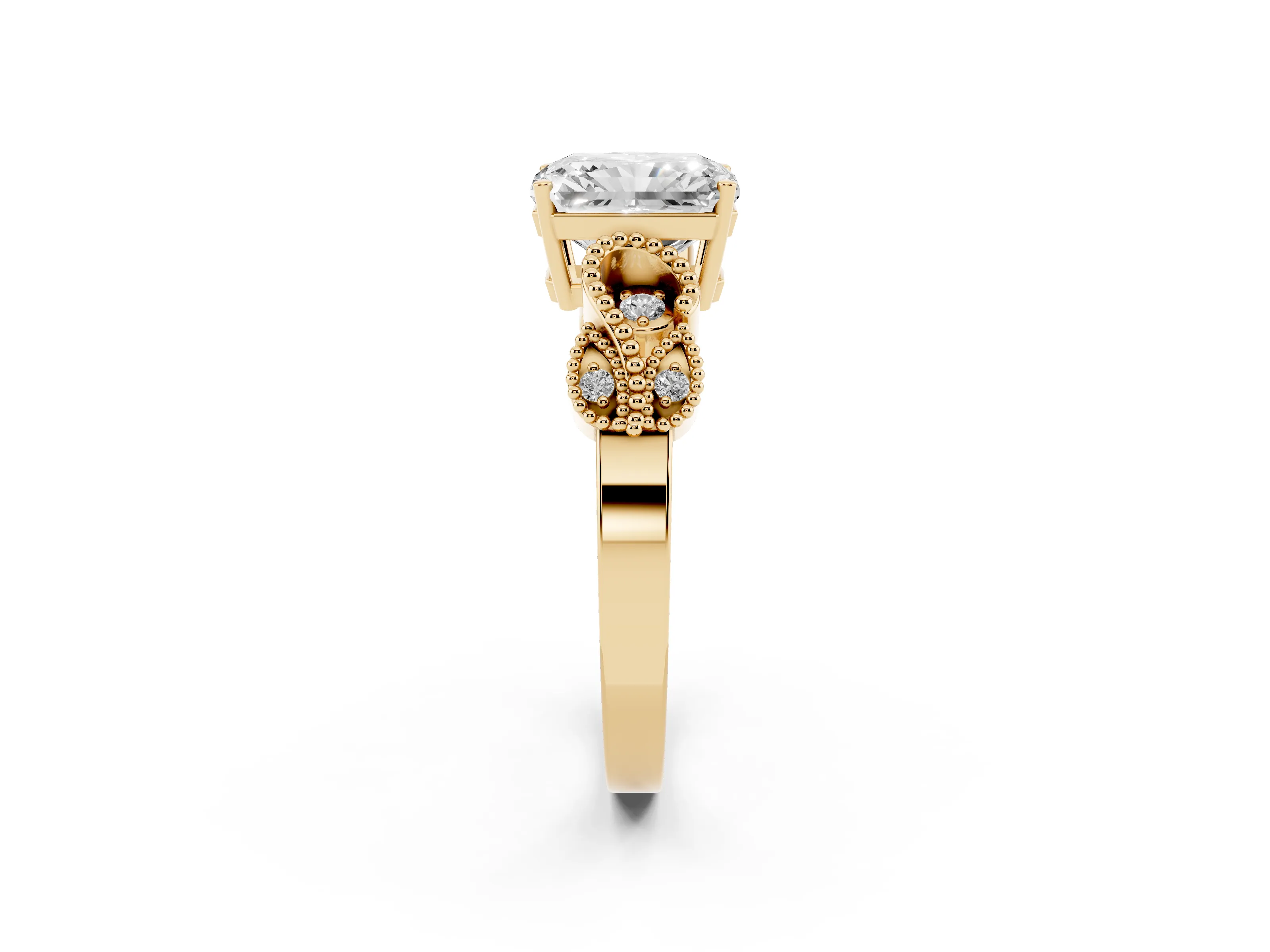 Princess Cut Diamond Milgrain Leaf Band Solitaire Ring Set in Yellow gold with Accent Stones and Prong Setting